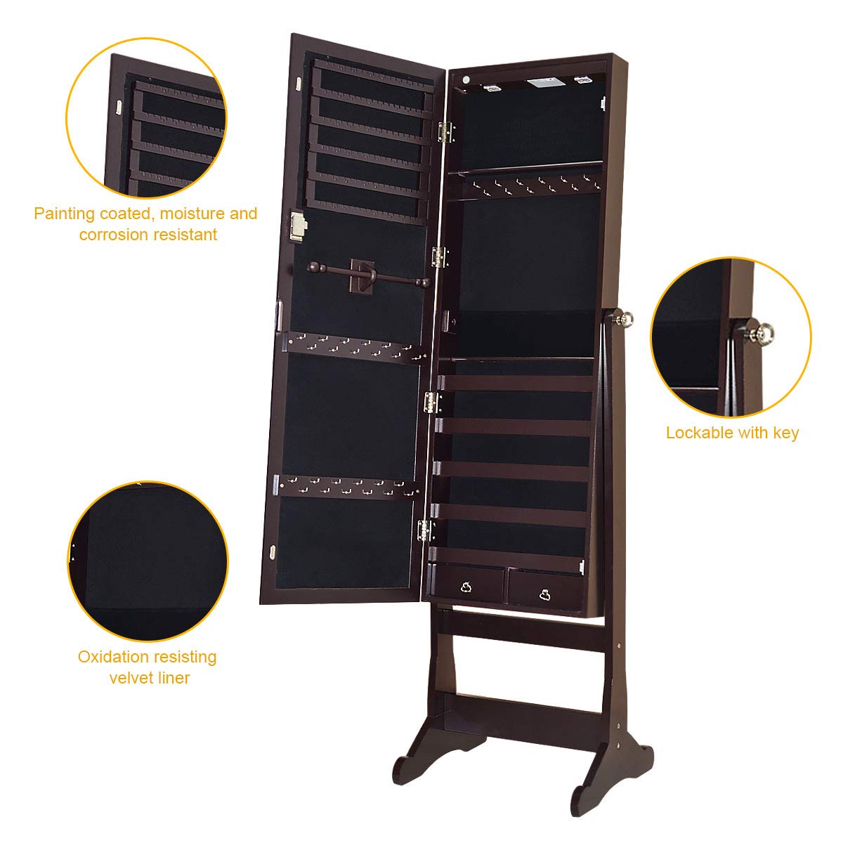 CHARMAID 2 LEDs Standing Jewelry Cabinet with Full Length Mirror