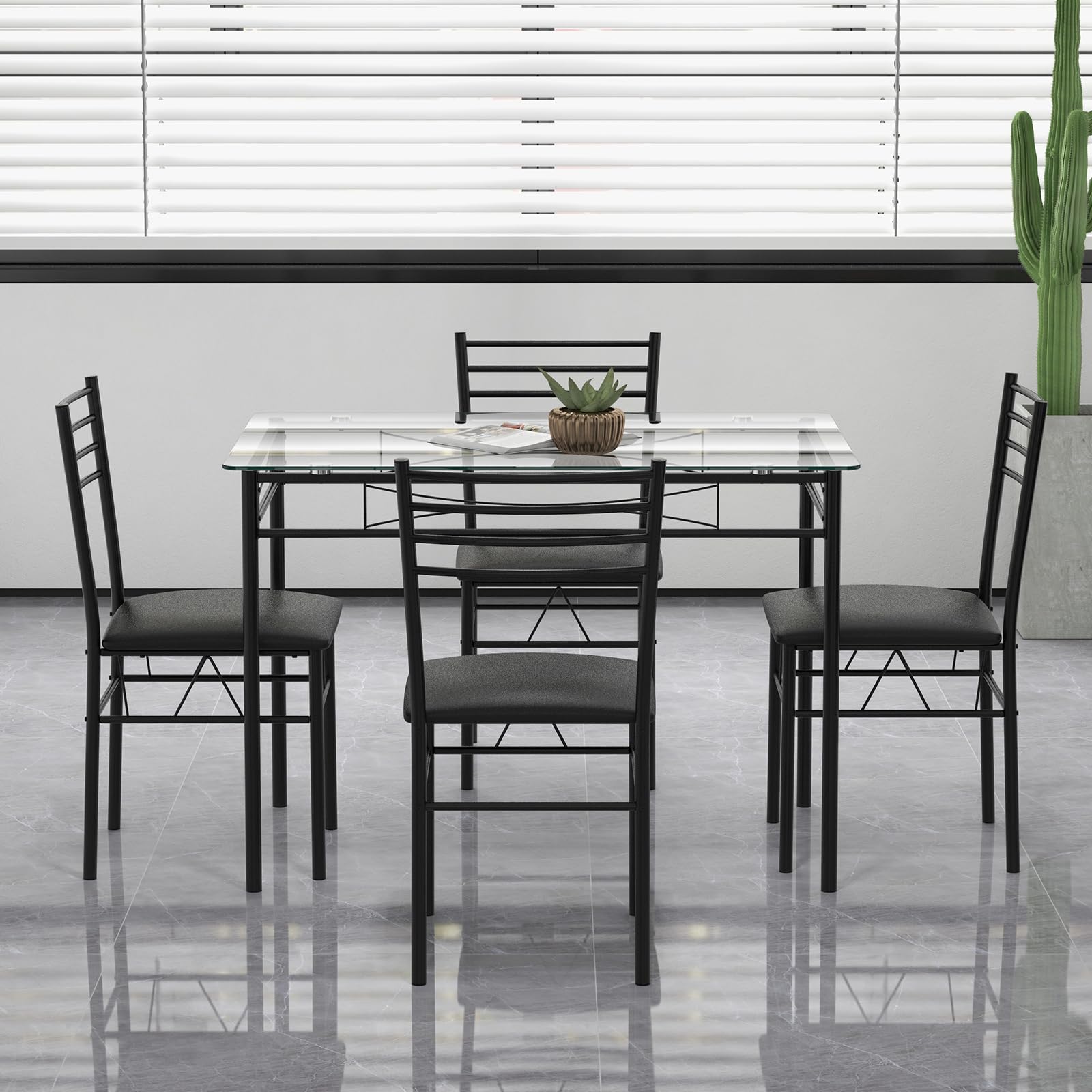 Giantex 5 Piece Dining Table Set, Kitchen Dining Set with Tempered Glass Table Top and 4 Upholstered Chairs (Black)