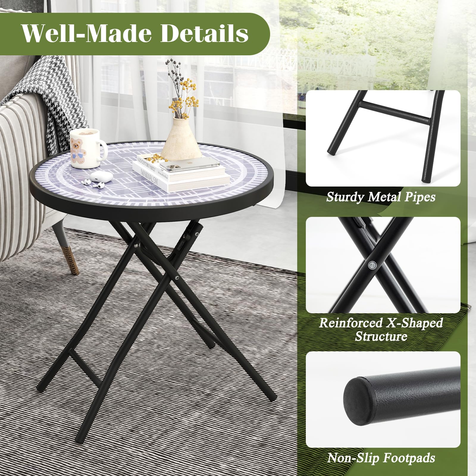 Giantex Folding Outdoor Side Table - 18” Round End Table with Tempered Glass Tabletop & Metal Frame