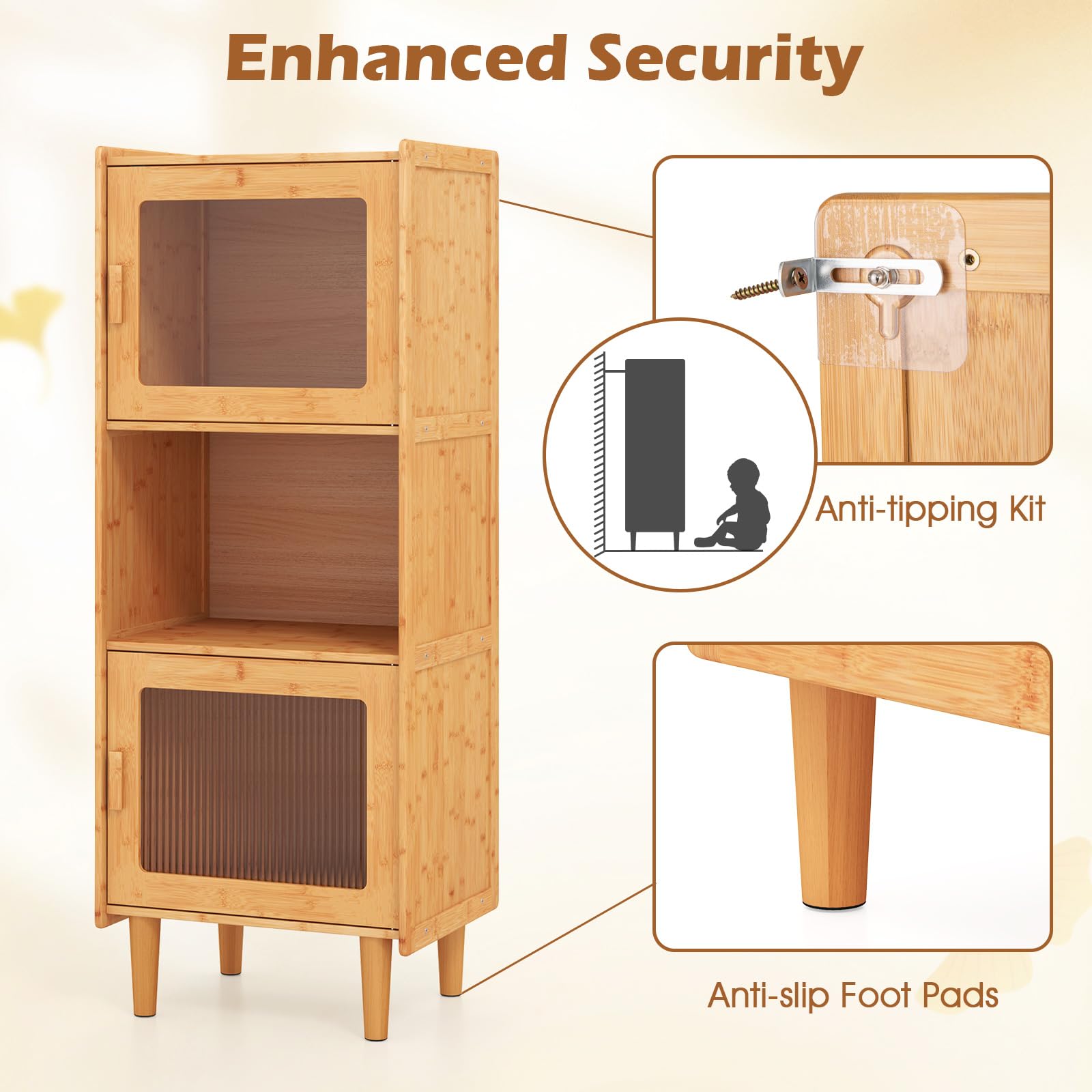 Giantex Bamboo Storage Cabinet, 3-Cube Bookcase, Freestanding Liquor Display Sideboard with 2 Single Doors