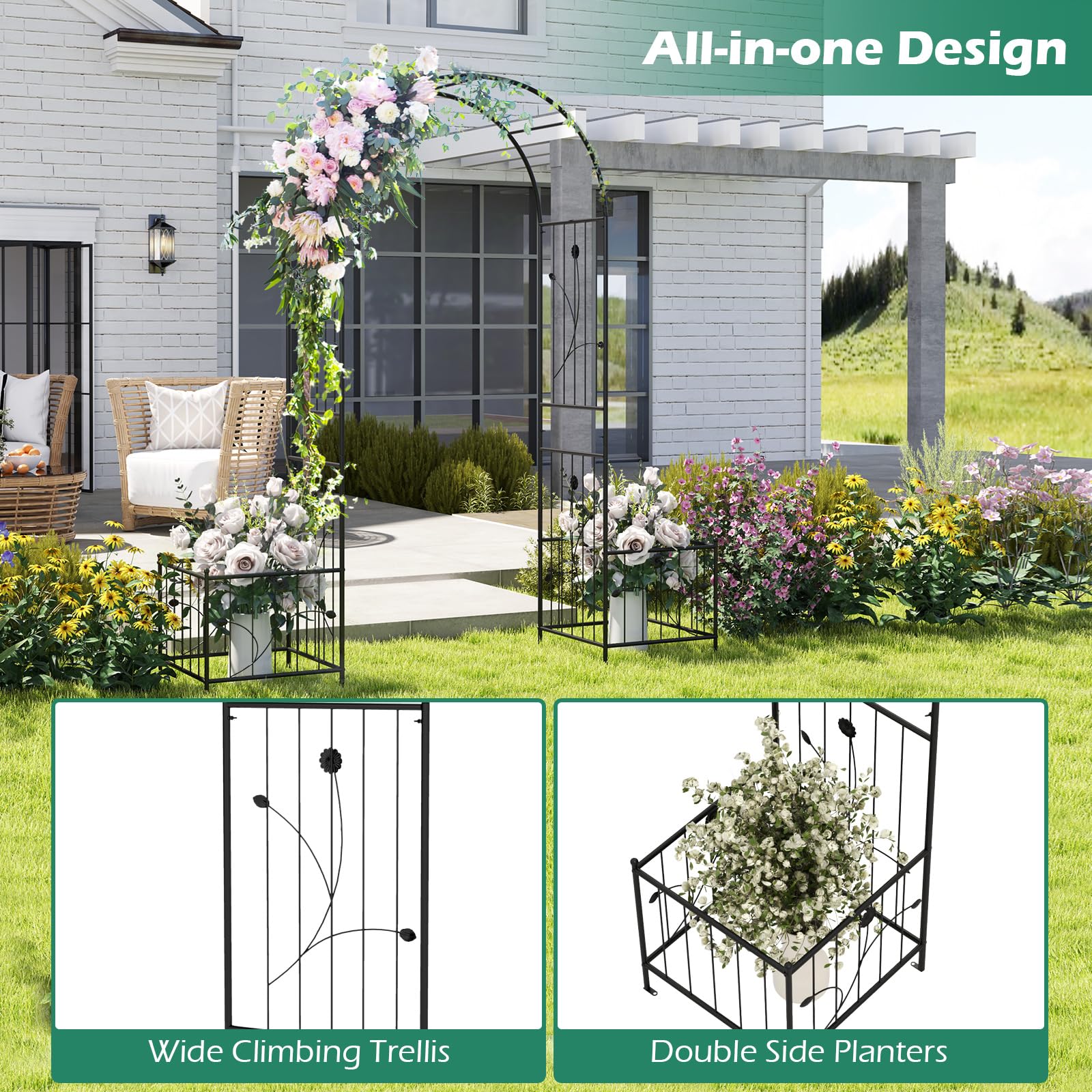 Giantex Garden Arch Trellis with Planters, 86'' Metal Arbor Pergola for Climbing Plants Rose Clematis Vines