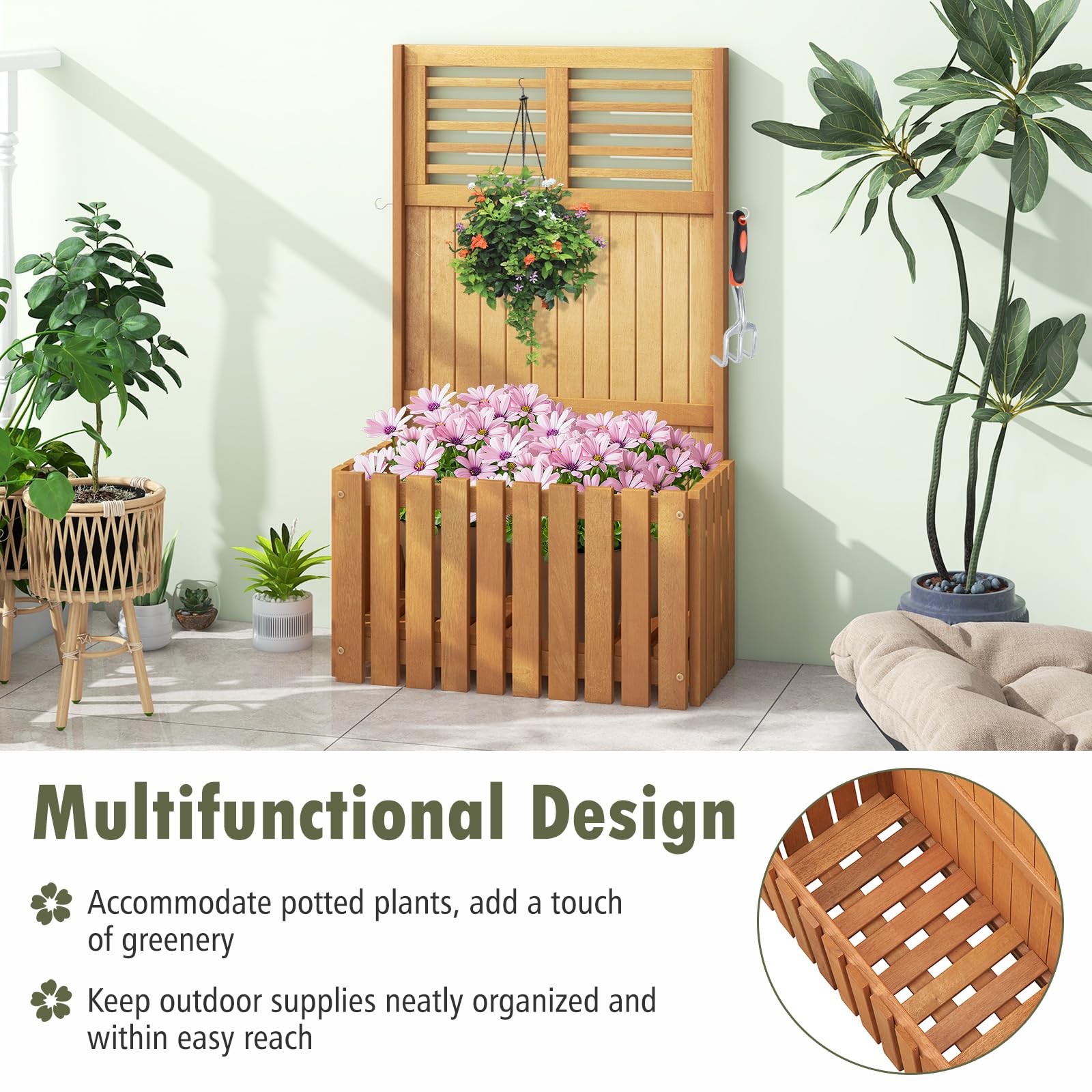 Giantex Set of 1/2 Raised Garden Bed with Trellis, 41” Wooden Potted Plant Box w/Privacy Screen