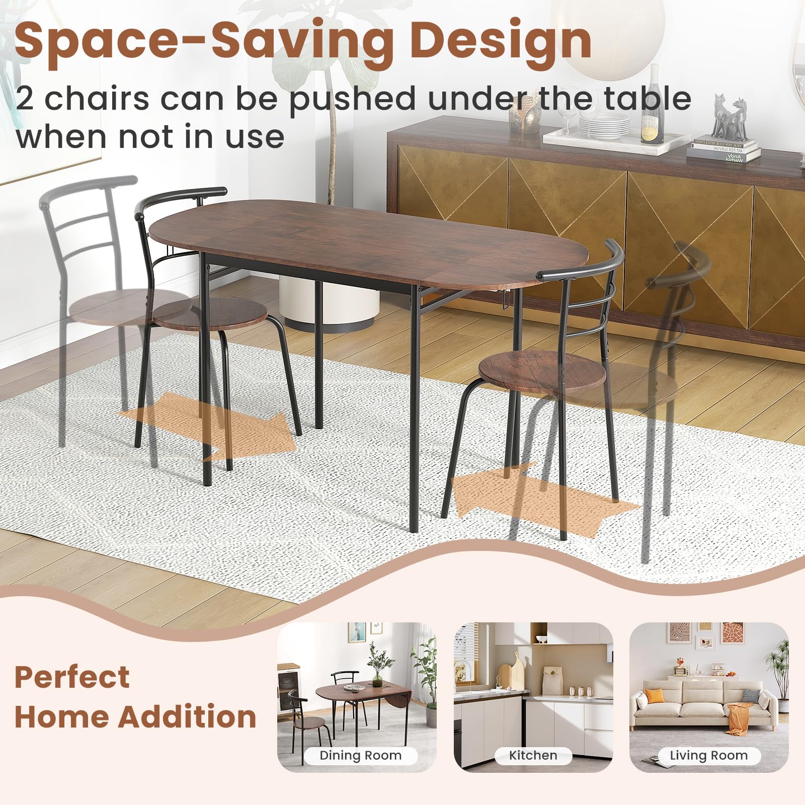 Giantex 3-Piece Dining Table Set for 2 - Kitchen Table Chair Set with 55” Drop Leaf Dinner Table, Dining Chairs