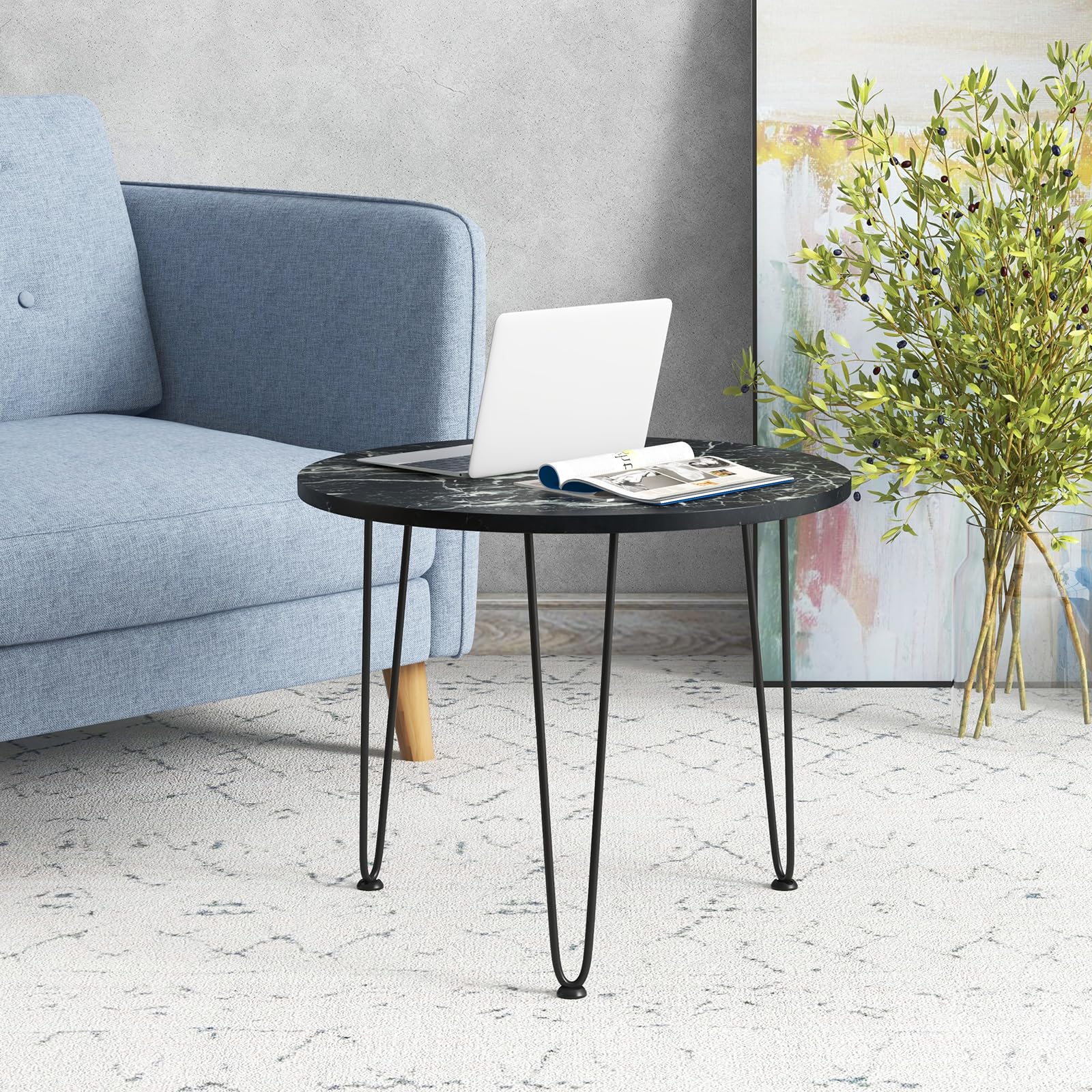 Giantex Round Coffee Table, Faux Marble Center Table with Metal Legs, Sofa Accent Side Table