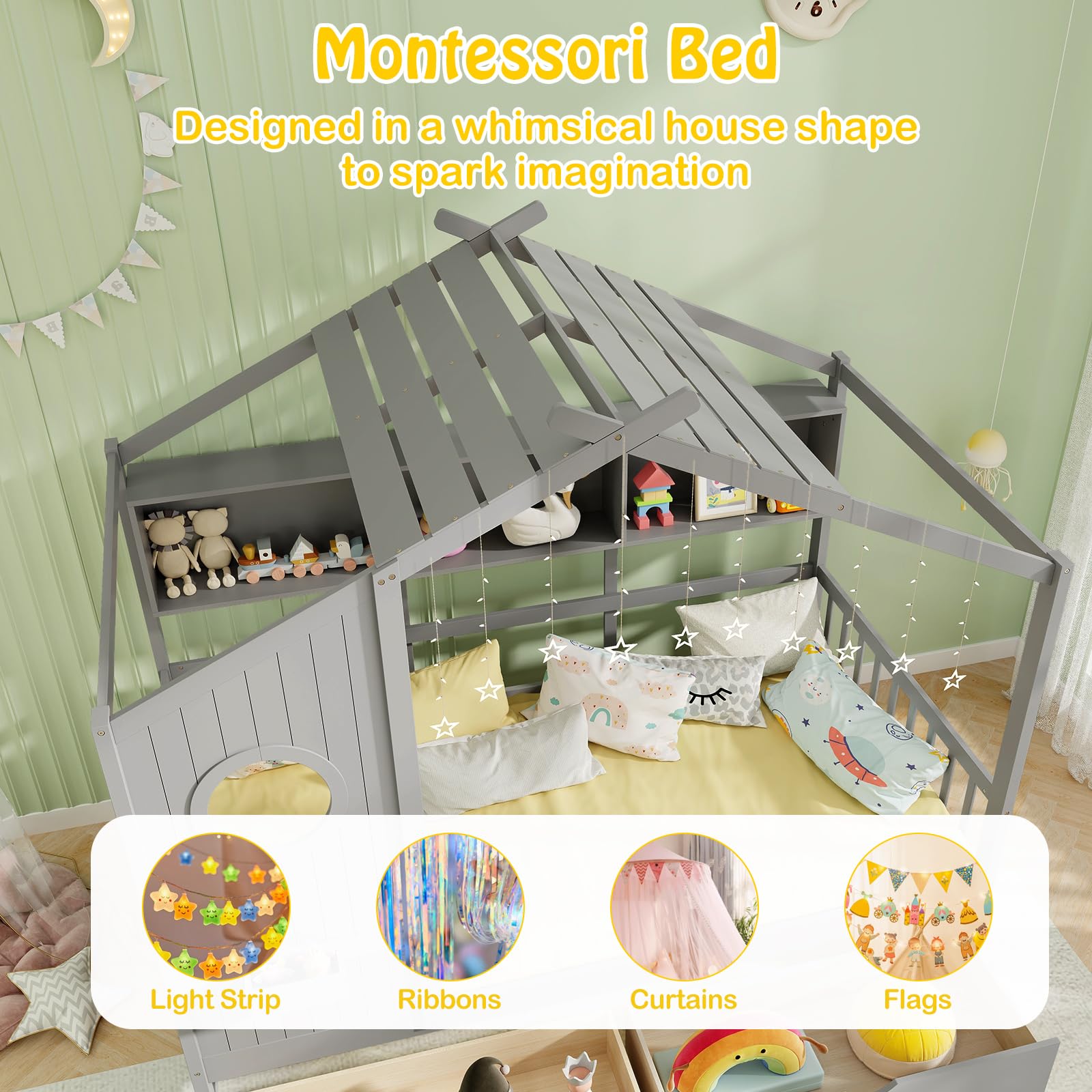 Giantex Twin House Bed with 2 Storage Drawers, Kids Bed Frame with Storage Cubes, Montessori Bed with Fence Guardrails & Roof