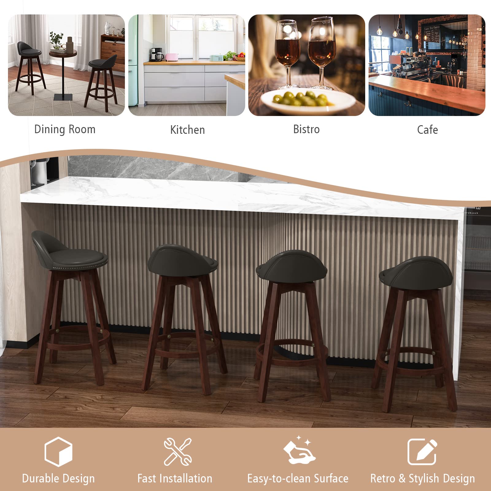 Giantex Swivel Bar Stools, 34.5 in Counter Height Stools with PVC Leather Cover, Rubber Wood Legs