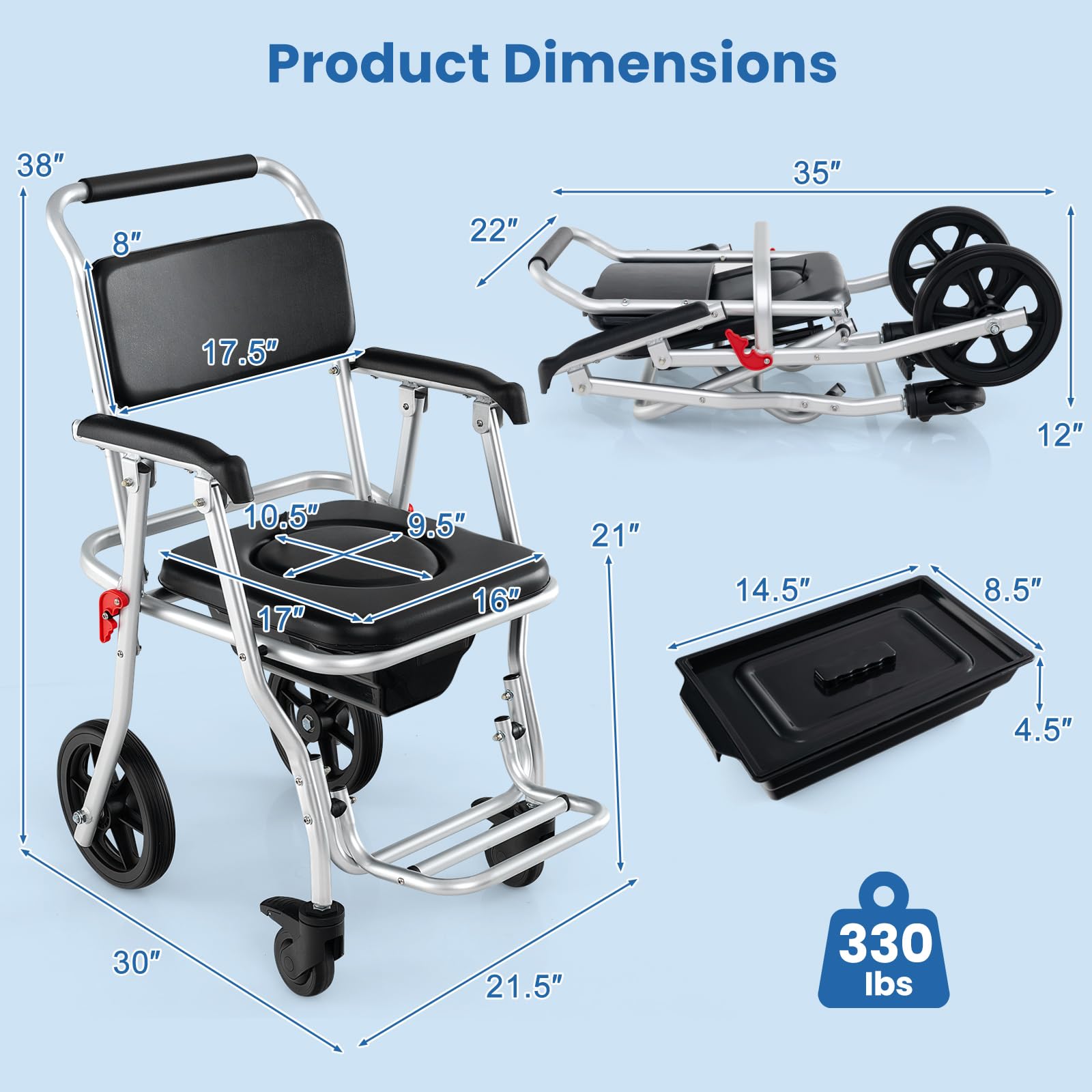 Giantex Bedside Commode Wheelchair for Toilet - Foldable Shower Chair with Arms, Lockable Casters