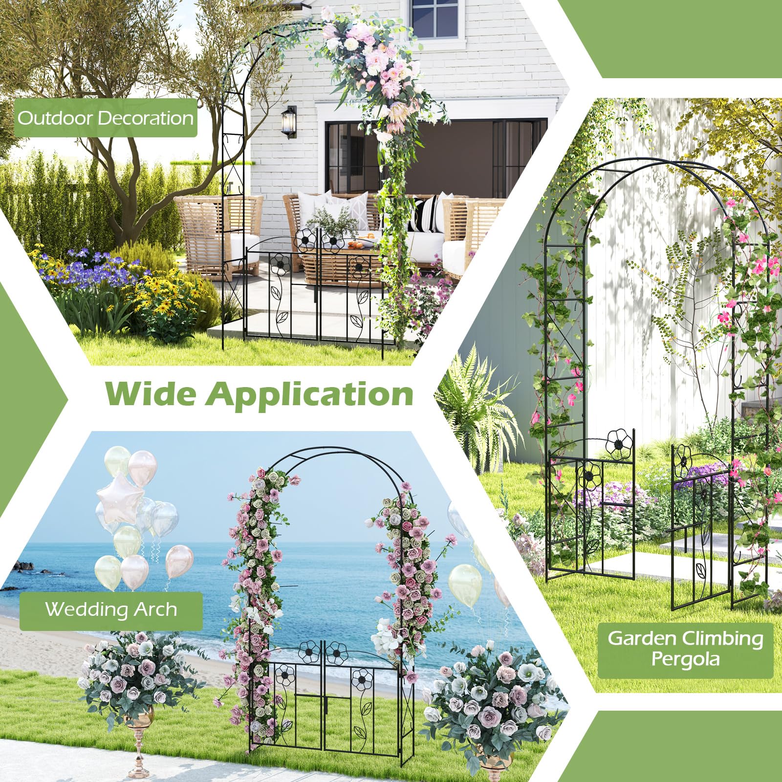 Giantex Garden Arbor with Gate, 7.5FT Metal Arch Trellis for Climbing Plants Rose Ivy, Archway Pergola with Flower Door