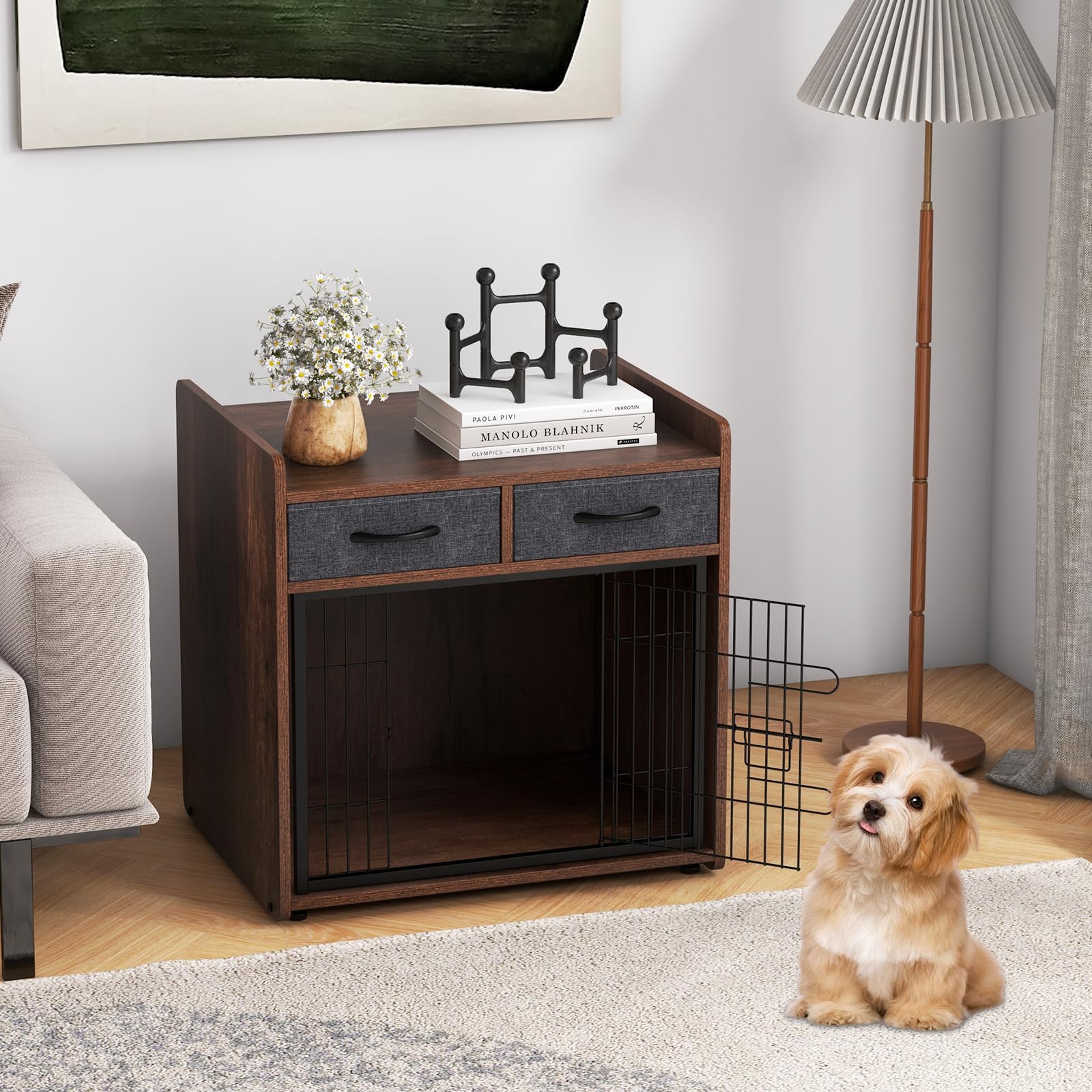 Giantex Dog Crate Furniture - Wooden Dog Cage End Table with 2 Storage Drawers