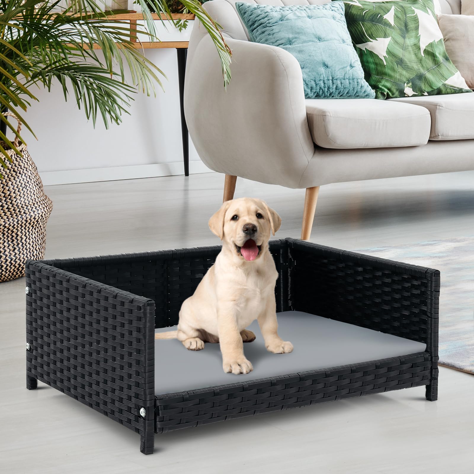 Giantex Wicker Dog Bed, Raised Woven Rattan Pet Bed Sofa Couch w/Waterproof & Washable Cushion