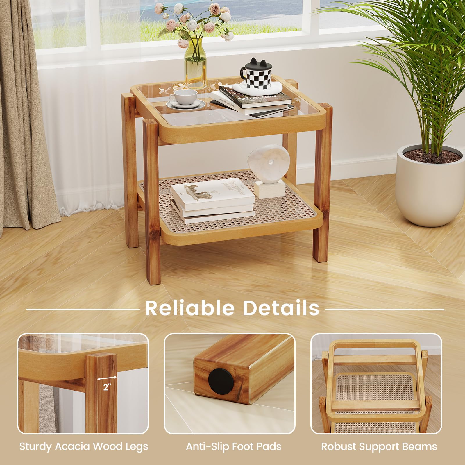 Giantex Rattan Side Table, Boho End Table for Living Room, Narrow Bedside Table with Tempered Glass Top