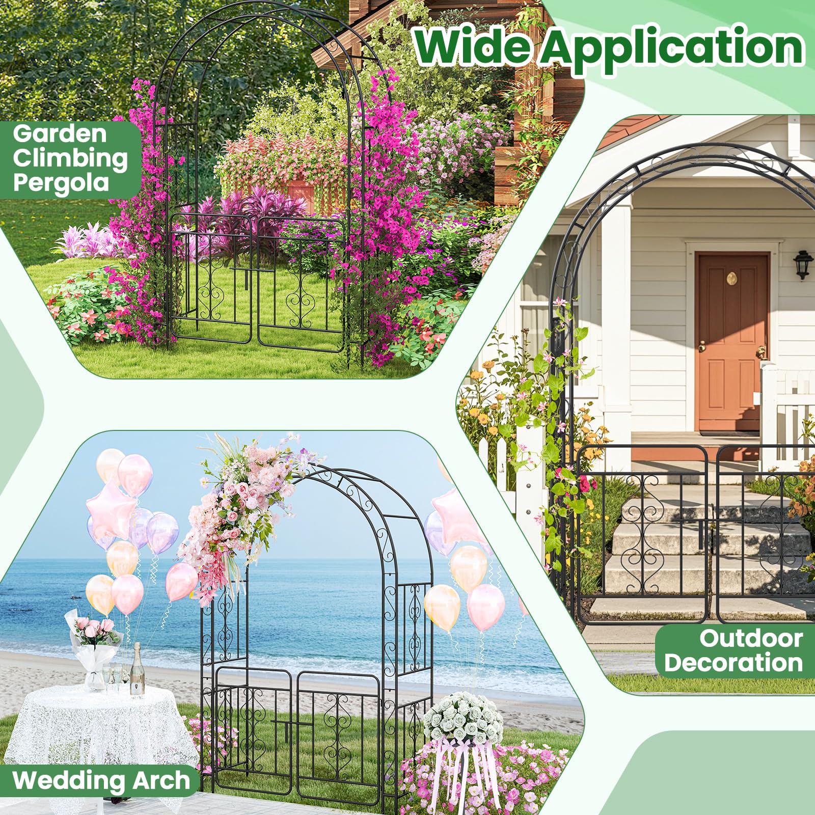 Giantex Garden Arbor with Gate, 84" H x 54" W Metal Arch Trellis for Climbing Plants Rose Vines