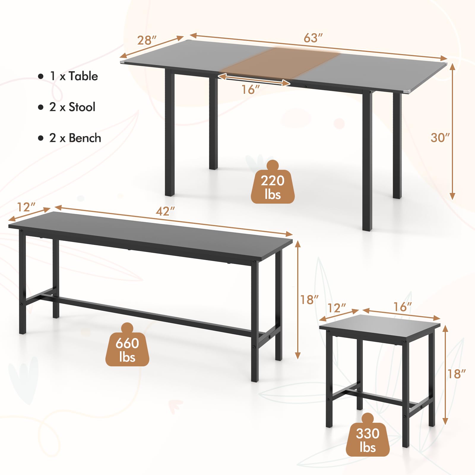 Giantex Dining Table Set for 4-6, 5-Piece Kitchen Table Chairs Set, 63” Extendable Table with 2 Benches