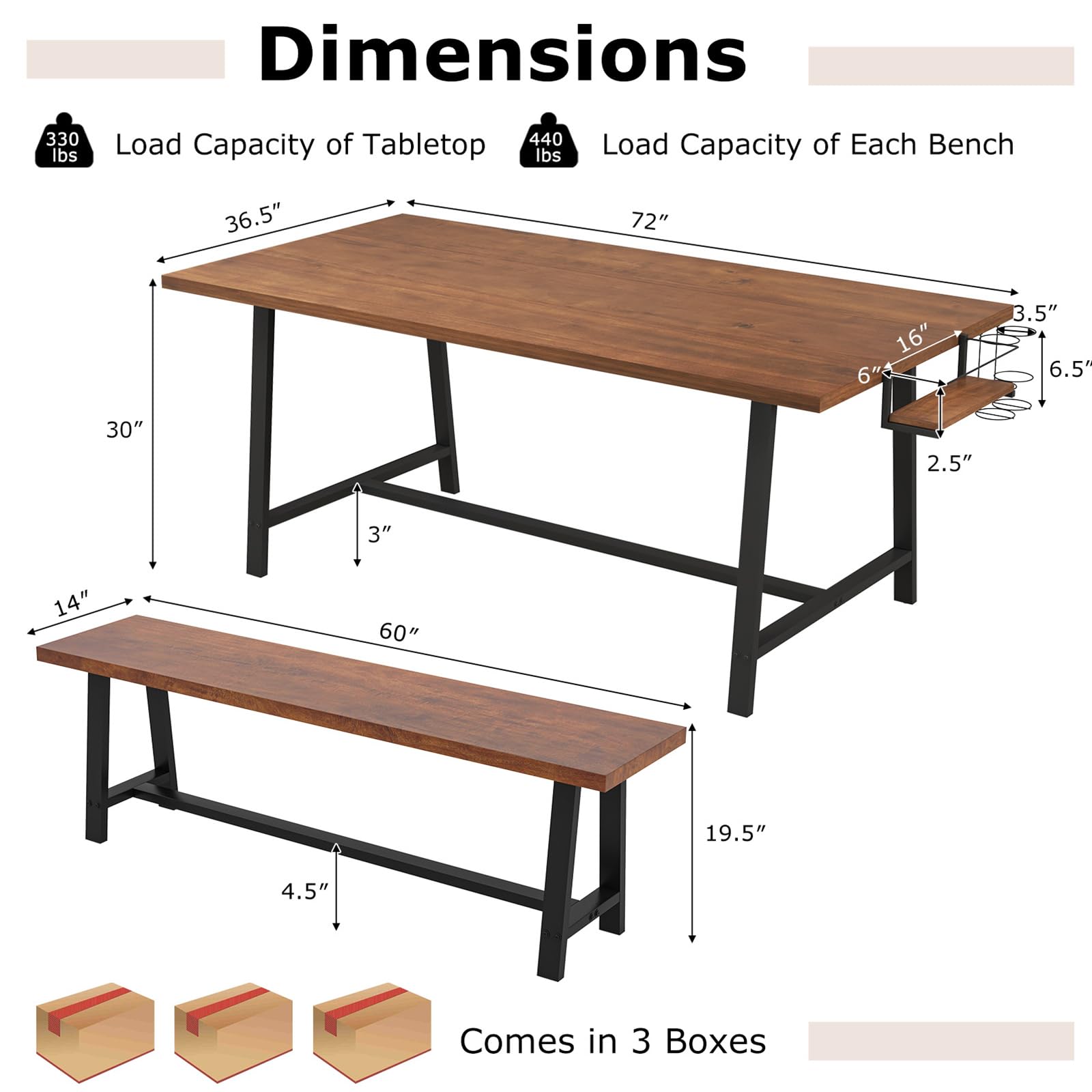 Giantex 72” Dining Table Set for 4-8, 3-Piece Kitchen Table Set with 2 Benches