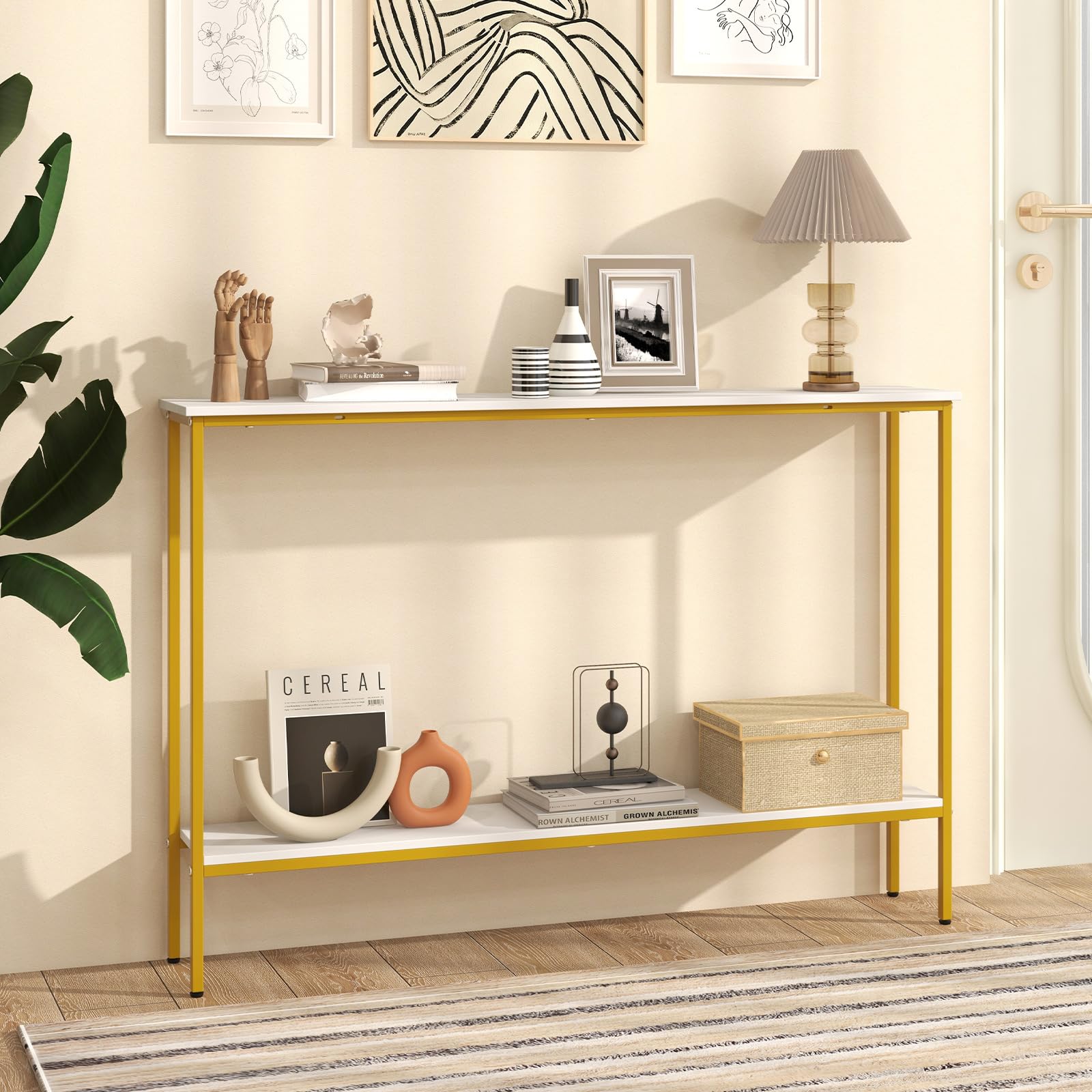 Giantex Gold Console Table with Shelf, 44" Narrow Entryway Table w/Dual Anti-Tipping Kits & Golden Metal Frame