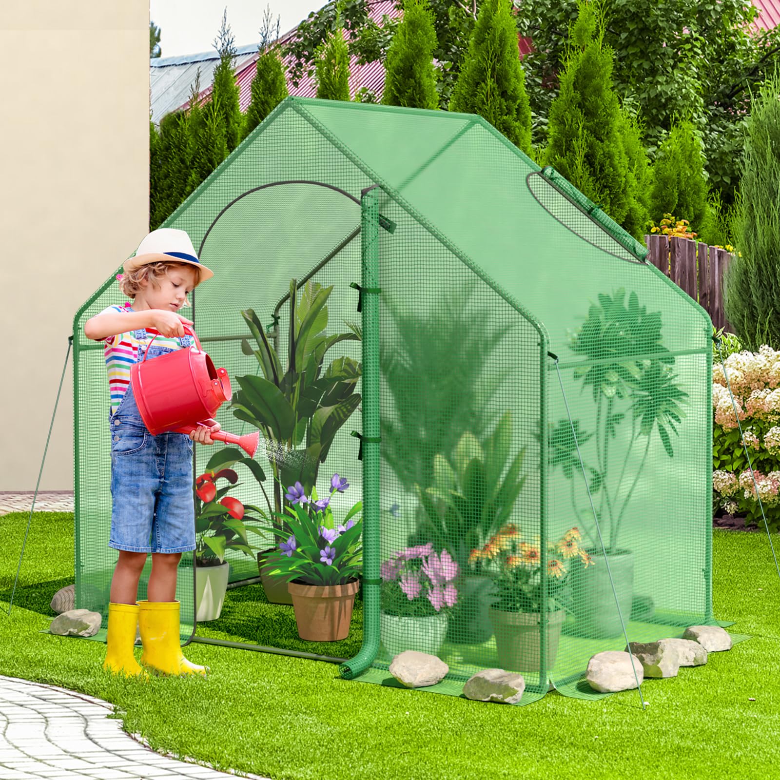 Giantex 6x3x5.5 FT Mini Walk-in Greenhouse, with Roll-up Zippered Door & Window, Overlong PE Cover