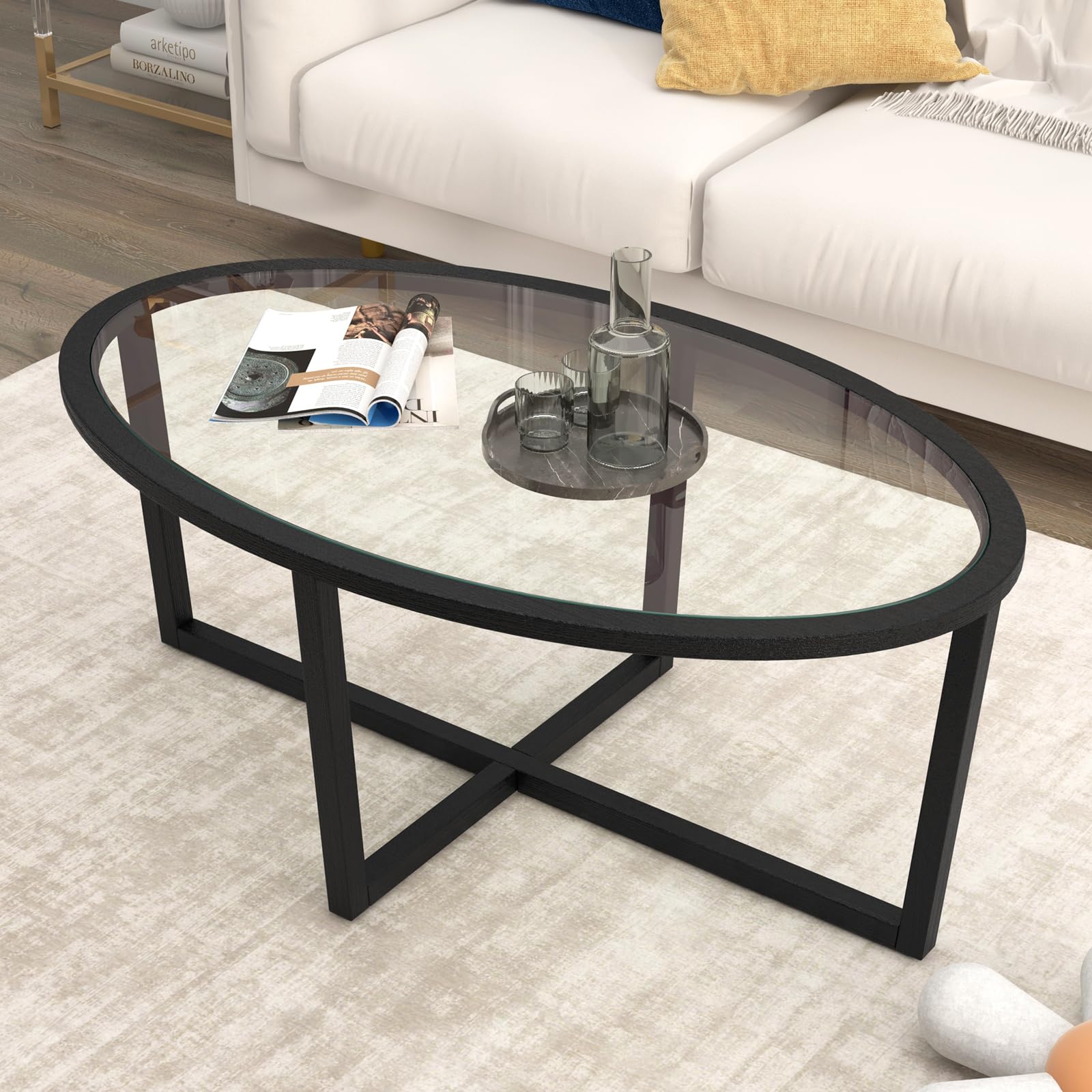 Giantex Glass Coffee Table, 46.5" Oval Accent Sofa Tea Table with Tempered Glass Top, Cross Base & Acacia Wood Legs