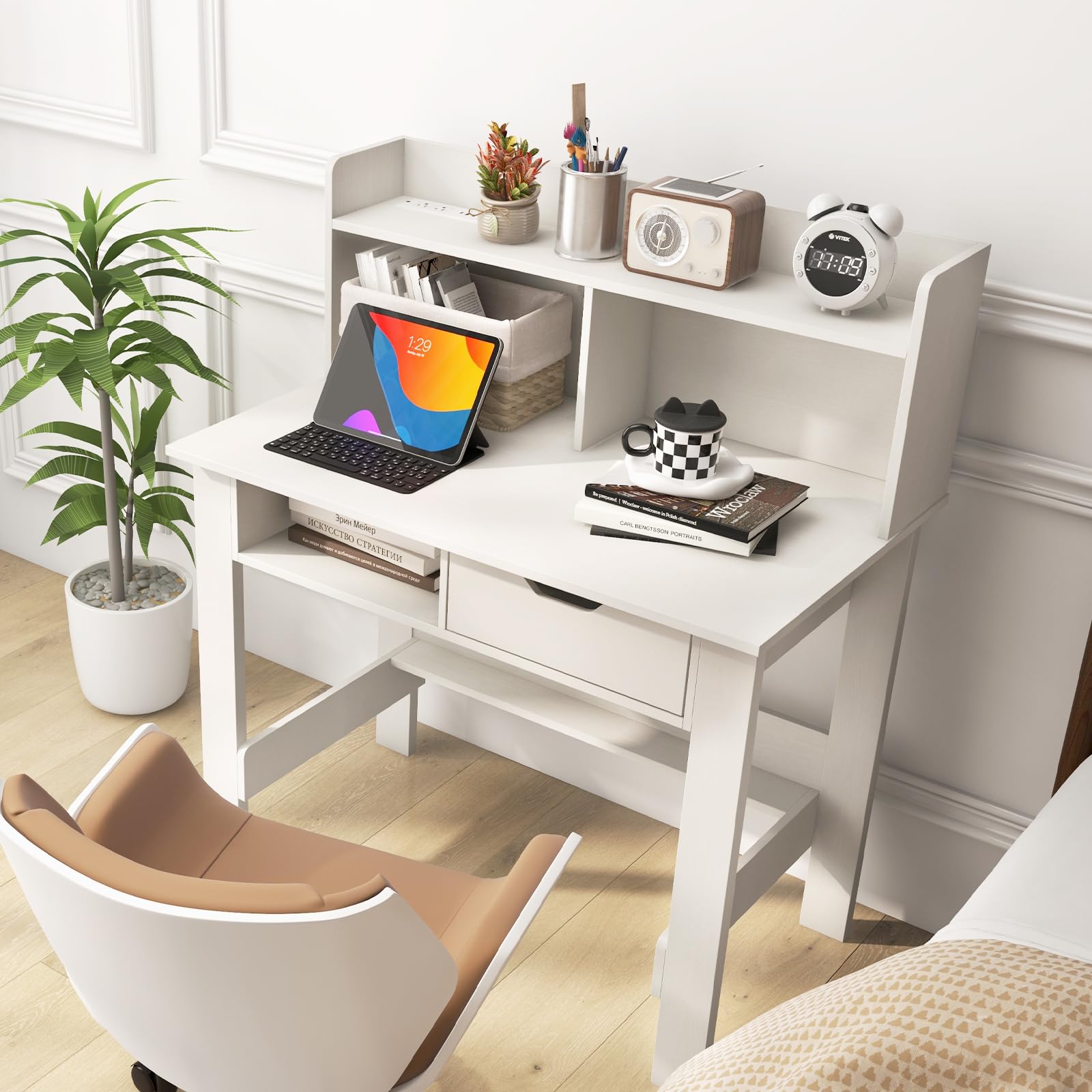 Giantex White Computer Desk with Hutch, Home Office Desk with Power Outlets, USB Ports