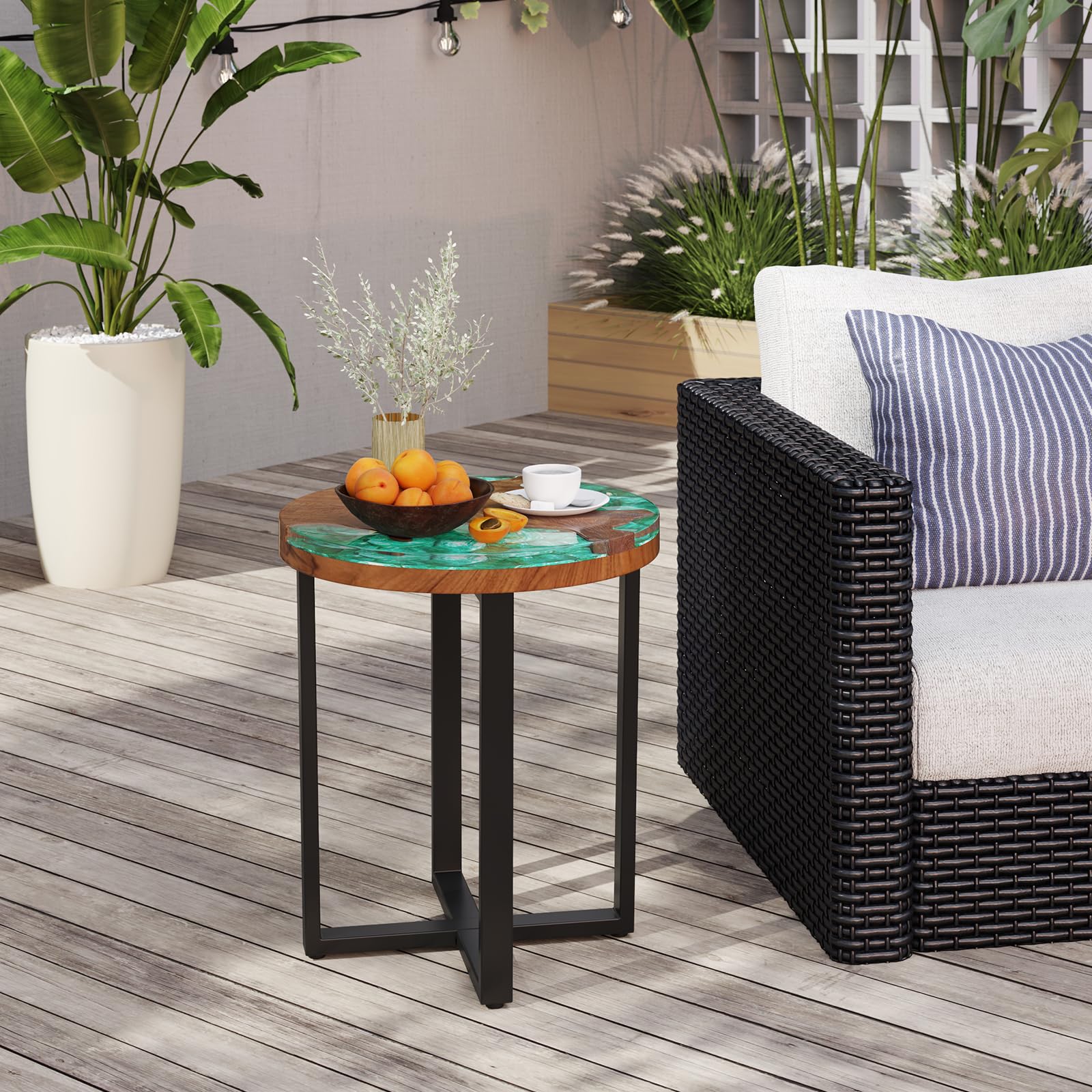 Giantex 20” Teak Wood Outdoor Side Table - Round End Table with Epoxy Resin Tabletop