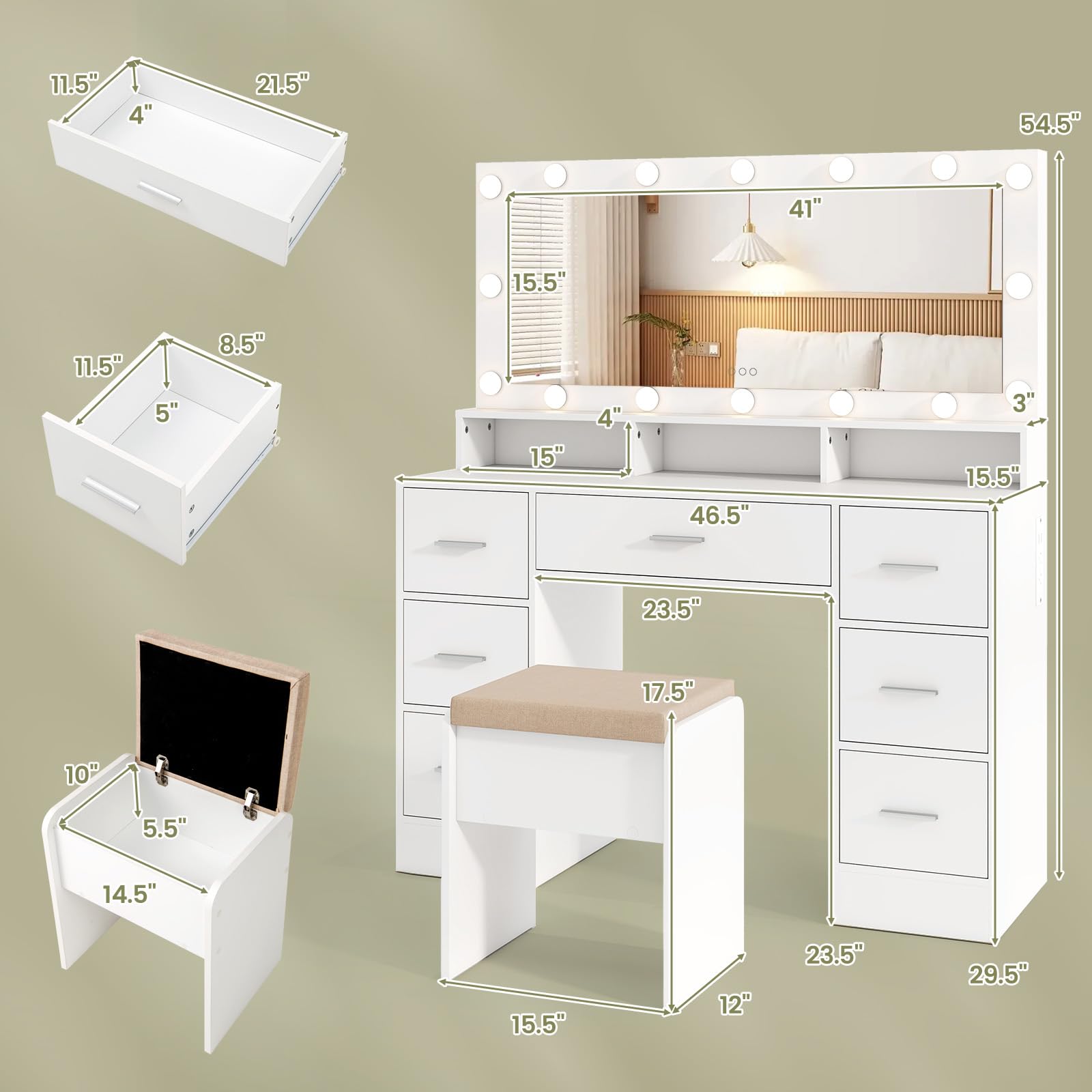 Vanity Desk with Large Mirror and Lights, 46.5" Makeup Vanity Desk with 7 Drawers