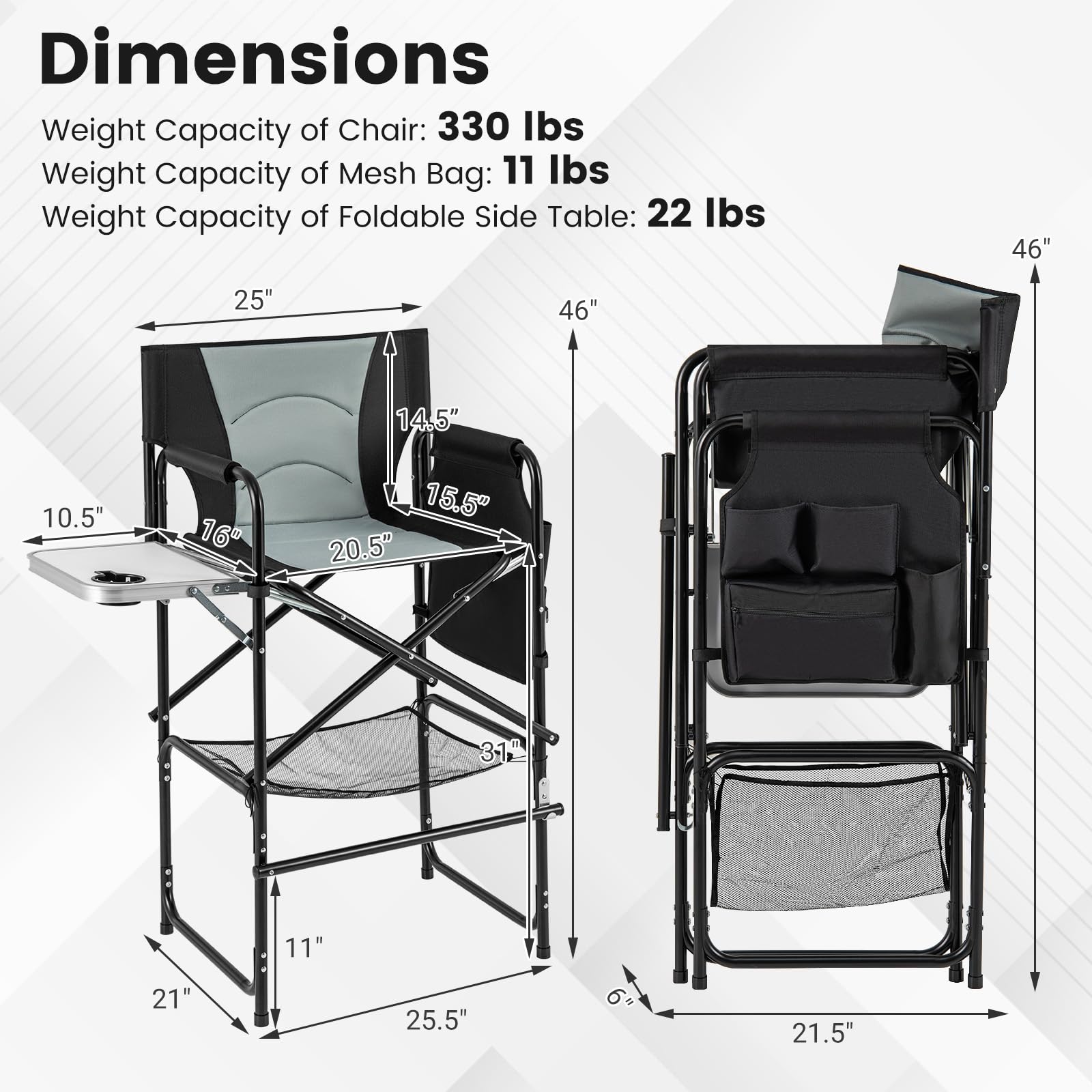 Giantex 46” Tall Directors Chair, Folding Camping Chair with 31" Seat Height, Side Table, Cup Holder