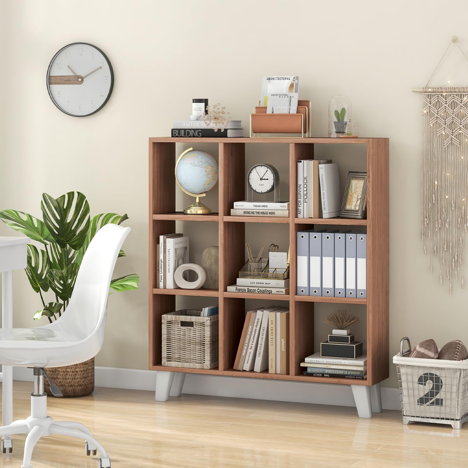 Giantex 9-Cube Open Bookcase, 3-Tier Freestanding Bookshelf with 4 Slanted Legs & 6 Removable Shelves