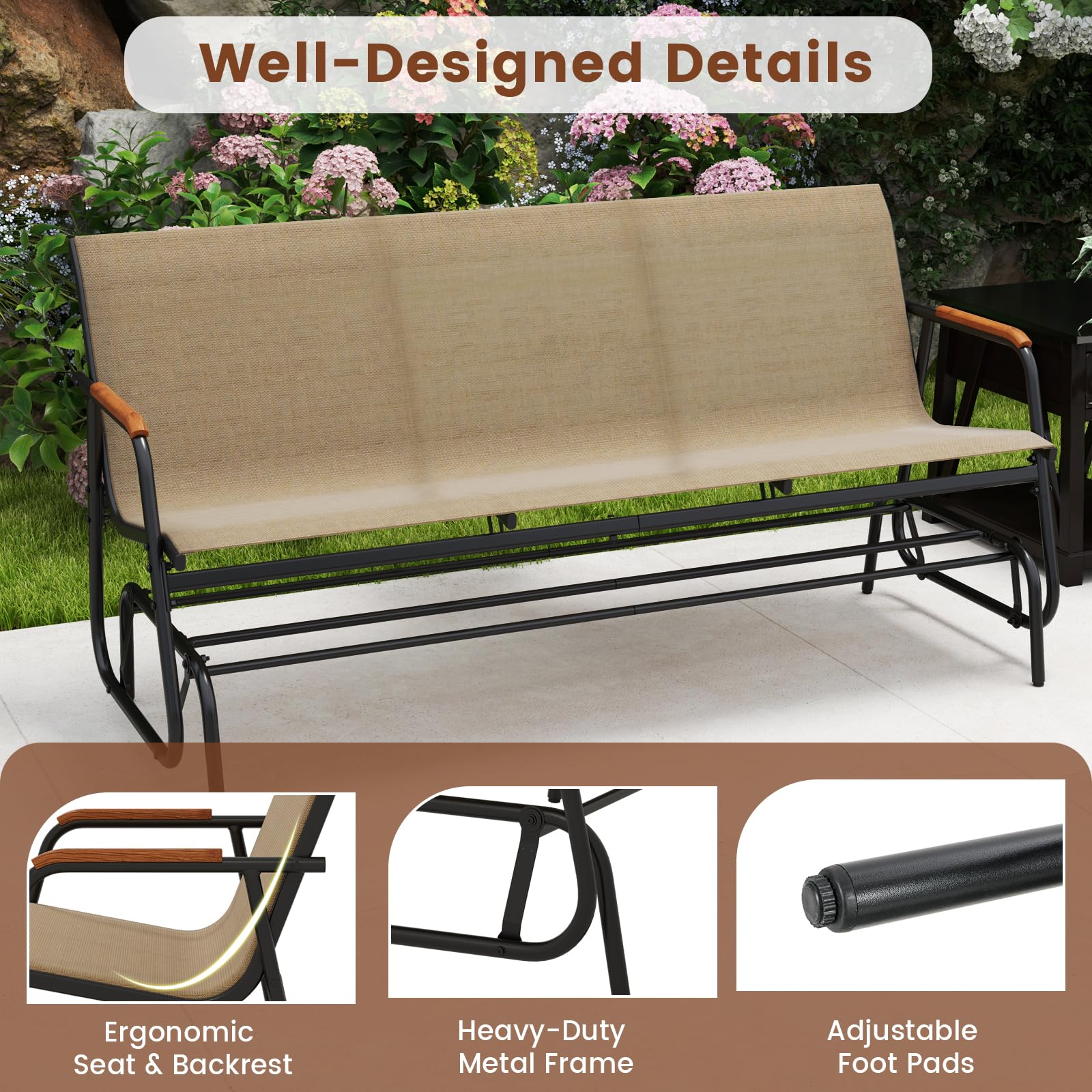 Giantex 3-Person Swing Gliding Loveseat with Curved Teak Armrests