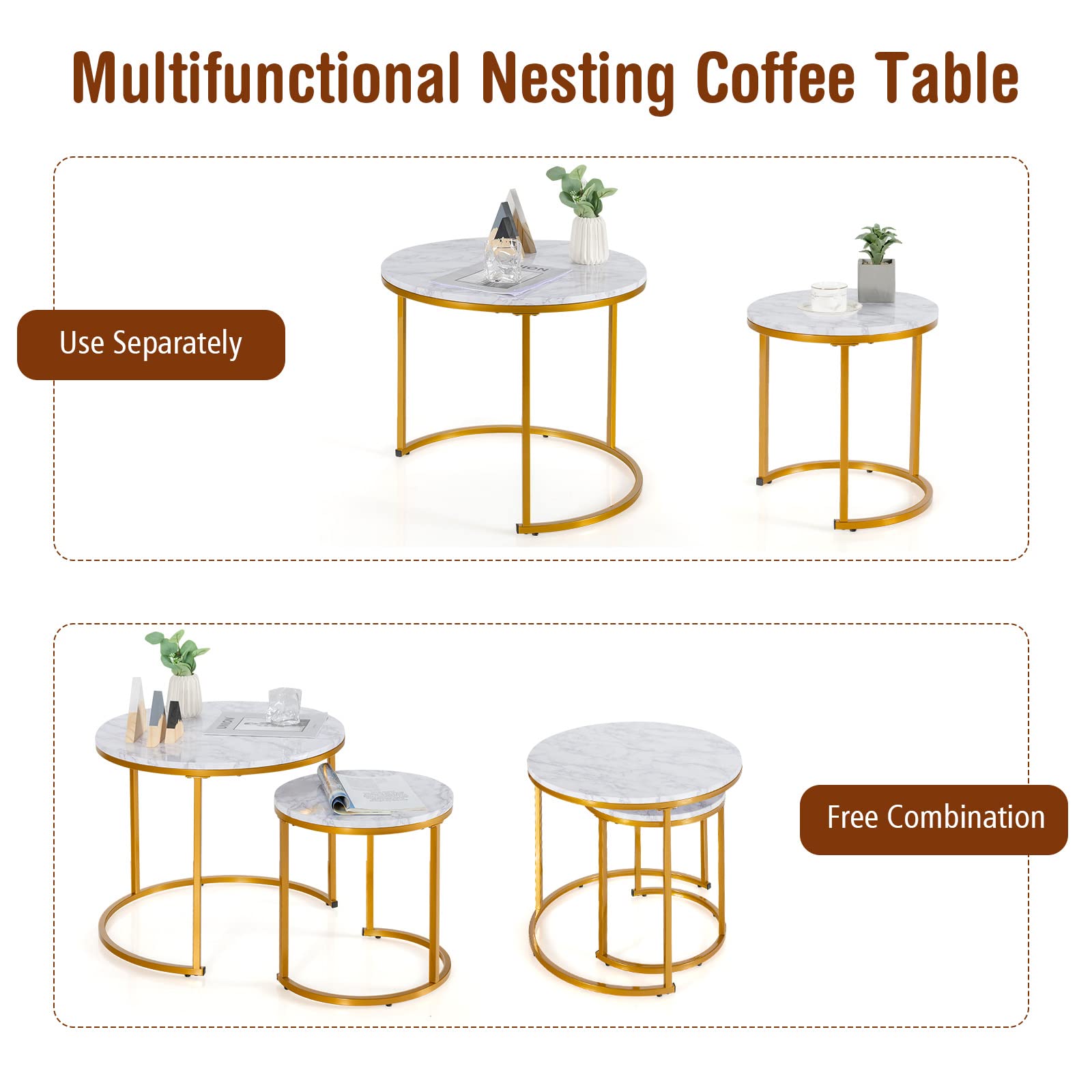 Giantex Nesting Coffee Table Set of 2, Round Stacking Side Tables with Wooden Tabletop & Powder Coated Steel Frame