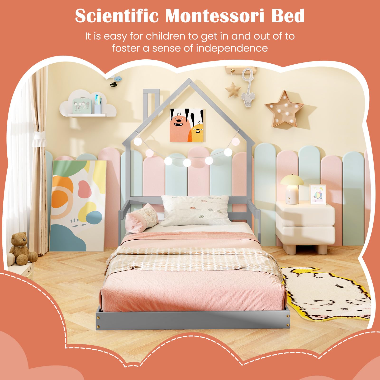 Giantex Twin Floor Bed for Kids, Wood Montessori Floor Bed with Chimney Headboard & Handrail