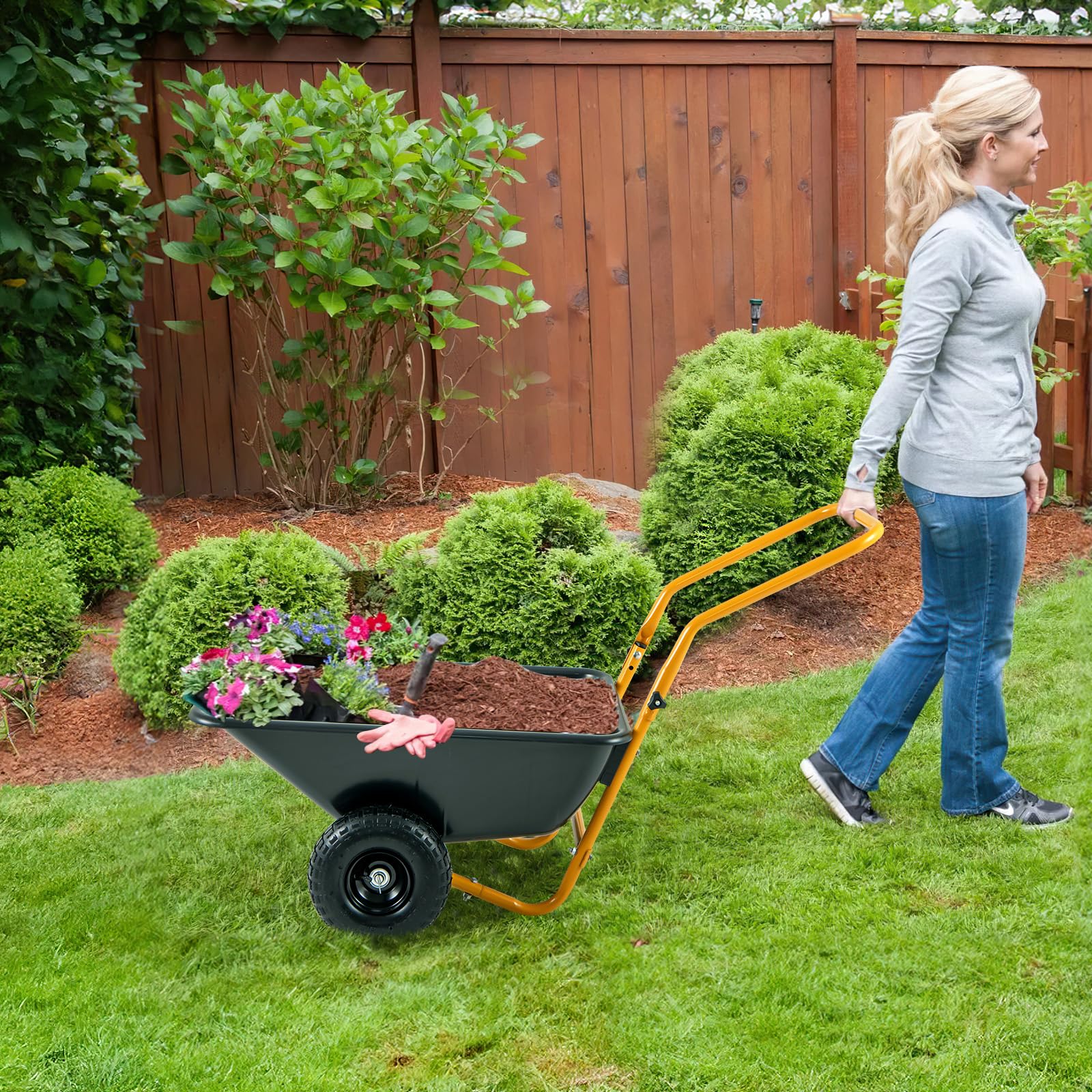 Giantex Dual-Wheel Wheelbarrow, Heavy-Duty Garden Utility Cart with Built-in Stand, Pneumatic Tires, 330 Lbs Capacity, Foldable Handle