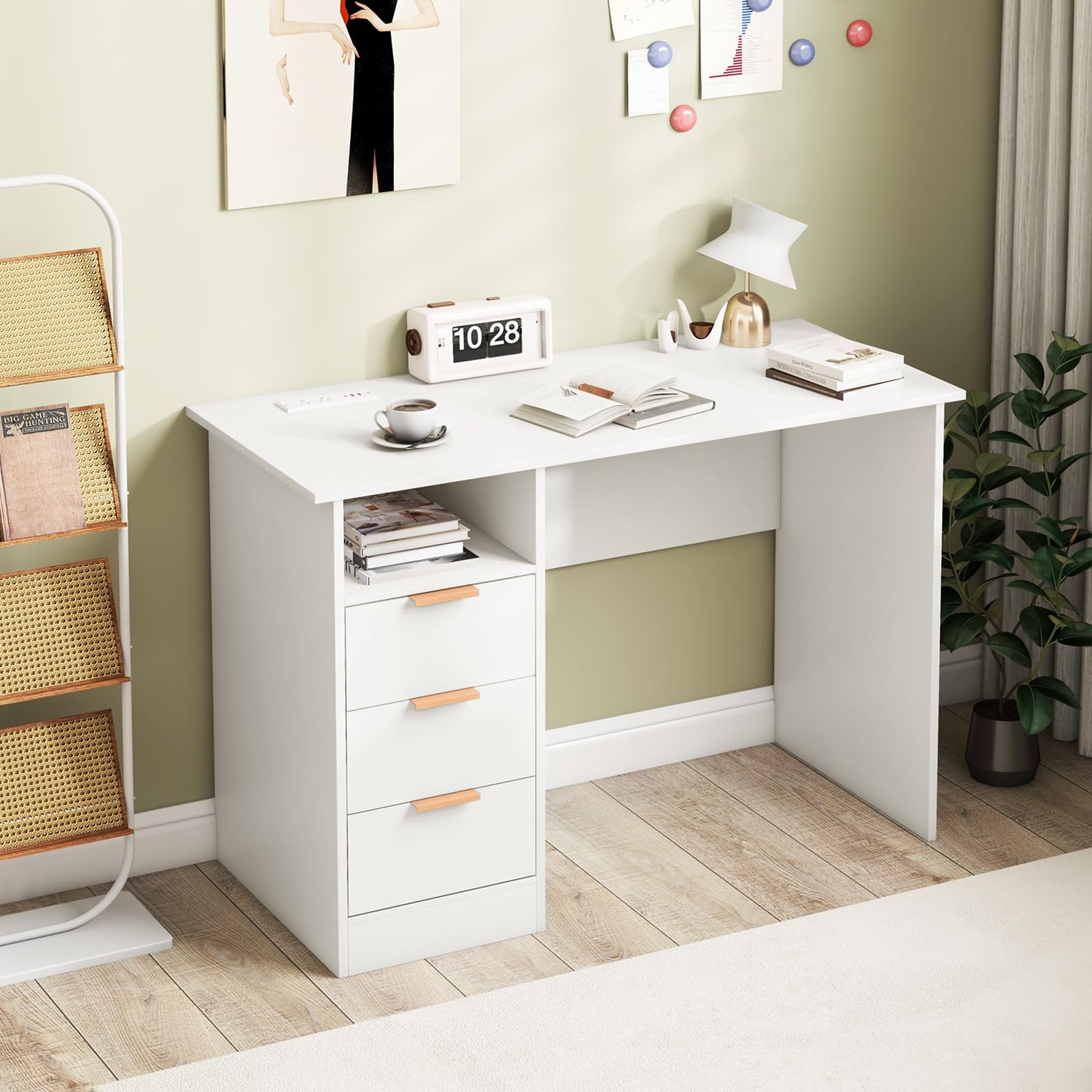 Giantex White Desk with Drawers, Modern Home Office Desk Writing Study Desk with Charging Station