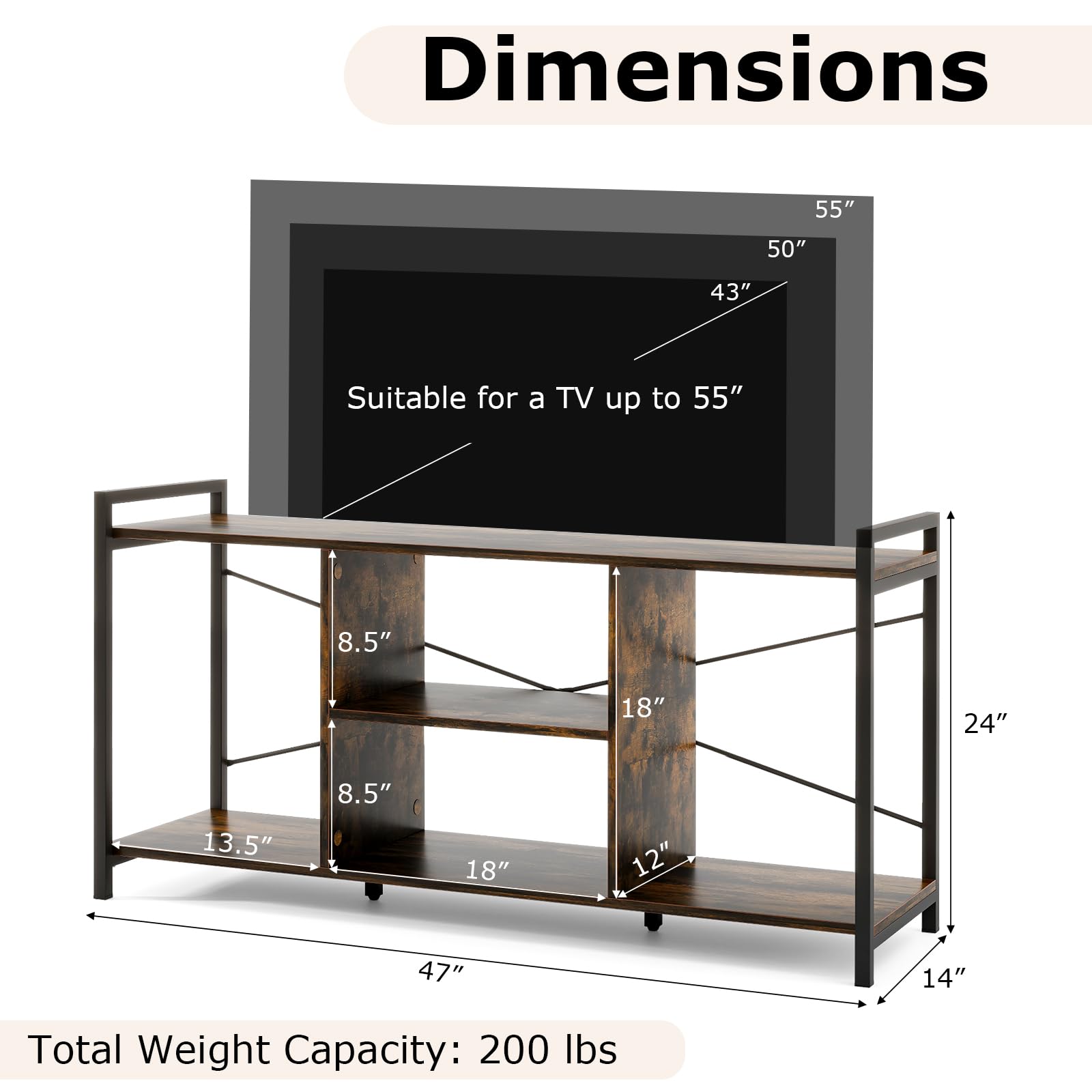 Giantex TV Stand for TVs up to 55", 3-Tier Entertainment Center with Open Storage Shelves, Side Guardrails & Metal Frame