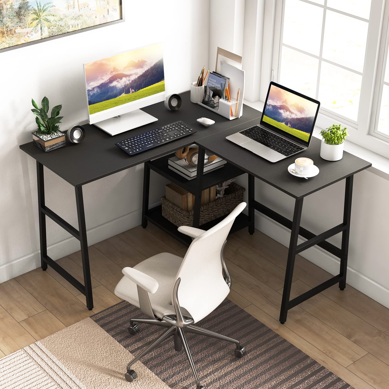 Giantex L Shaped Desk with Power Outlets & USB Ports, 48" Corner Gaming Desk with 2 Tier Storage Shelves