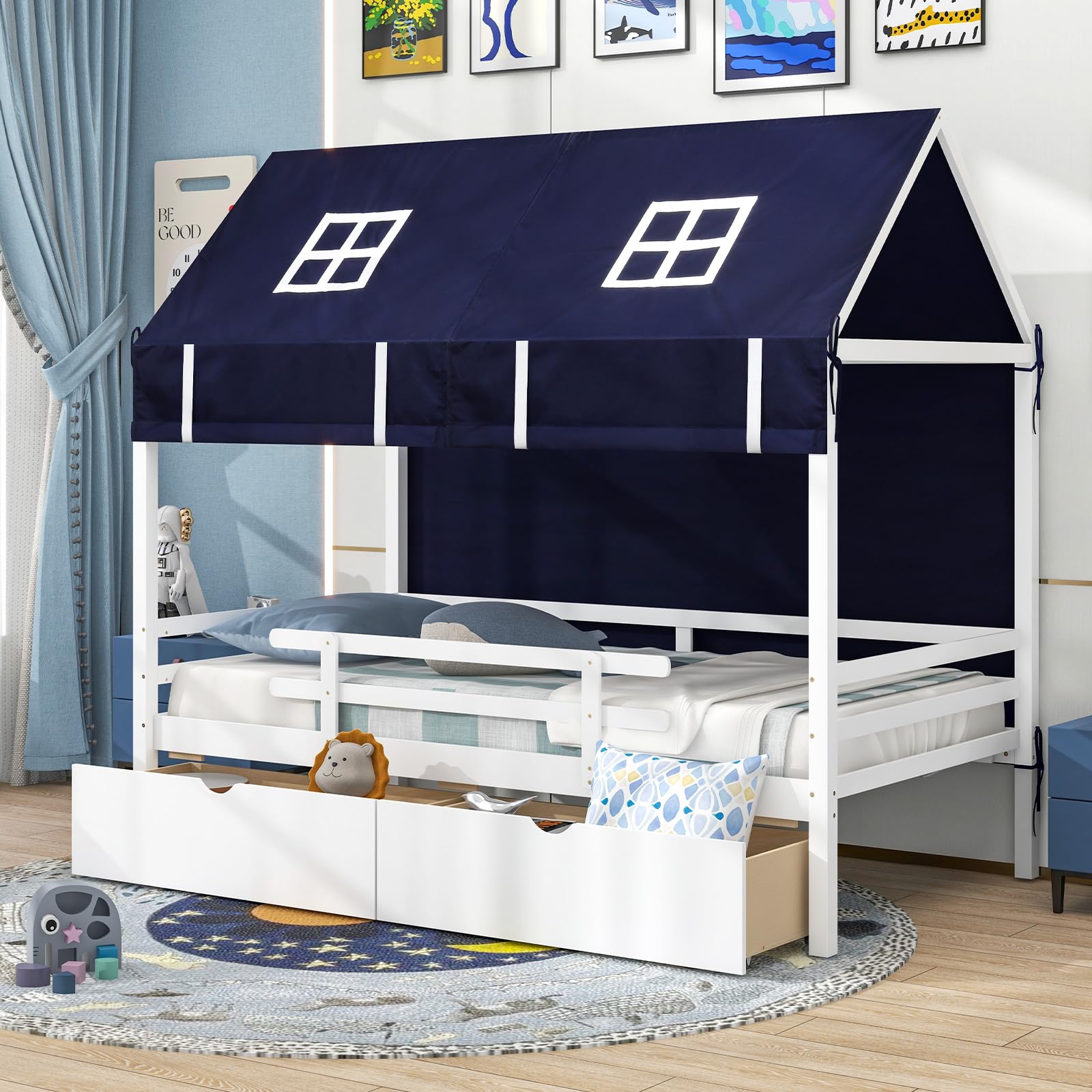 Giantex Twin House Bed with Tent, Wood Kids Bed with 2 Storage Drawers, Solid Wood Daybed Frame with Rails and Roof