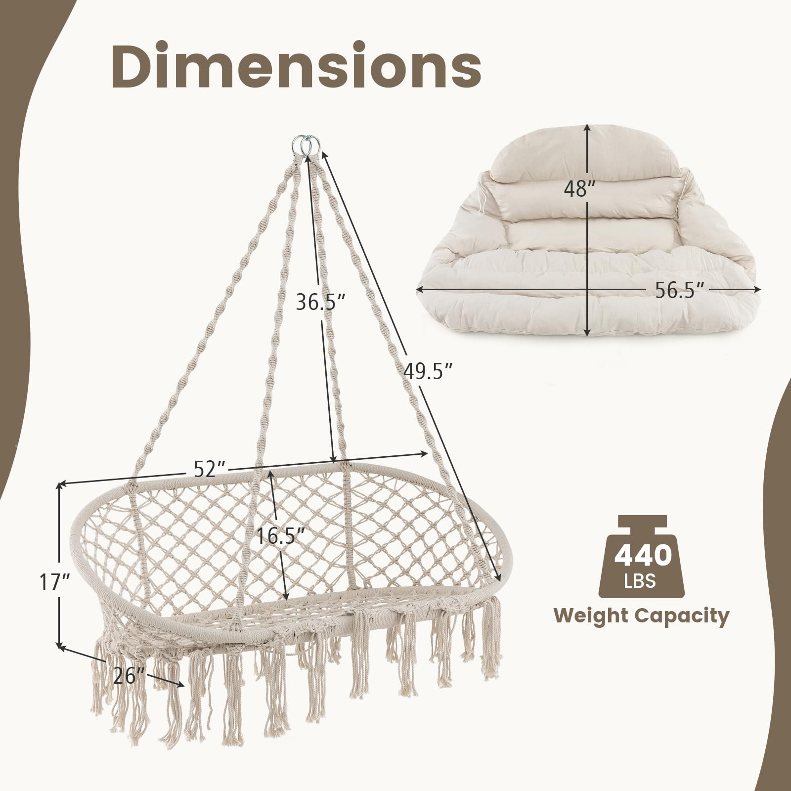 Giantex Hammock Chair, Macrame Hanging Chair with Removable Cushion,  Max 440 lbs, Swinging Chair, Beige