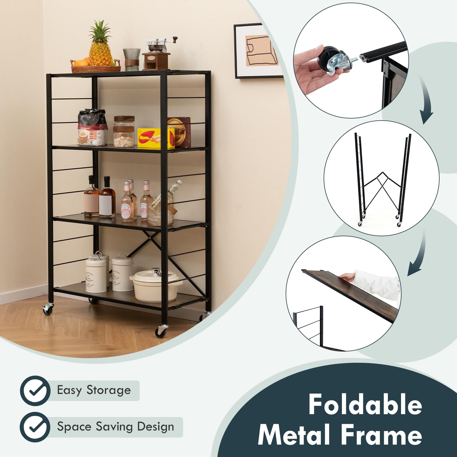 Giantex 4-Tier Folding Storage Shelf, Collapsible Shelving Unit w/Lockable Wheels & Adjustable Shelf