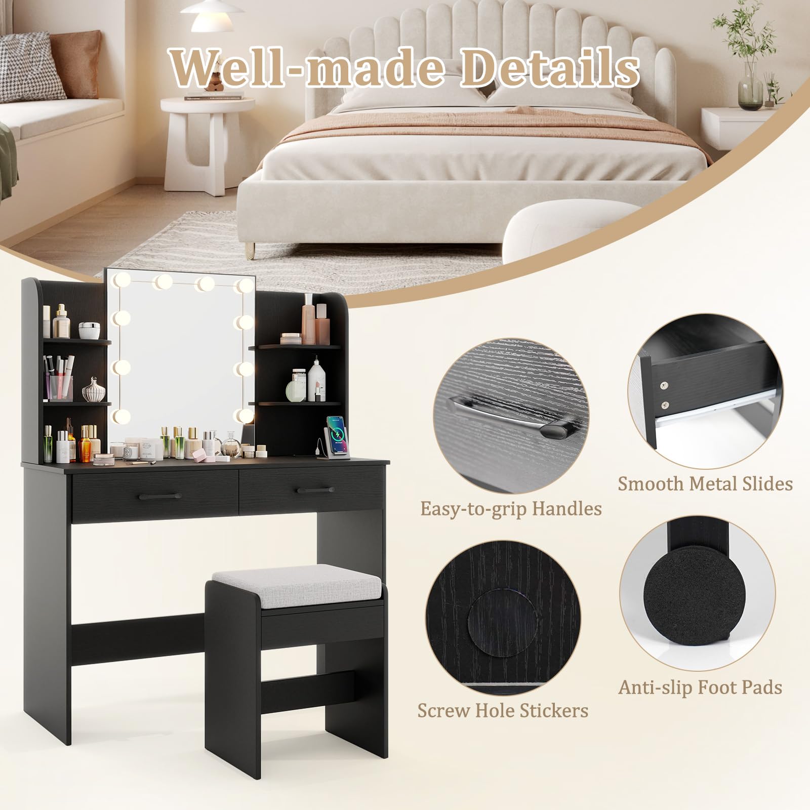 CHARMAID Vanity Desk with Mirror and Lights, Black Makeup Vanity Table with Large Drawers, Storage Shelve