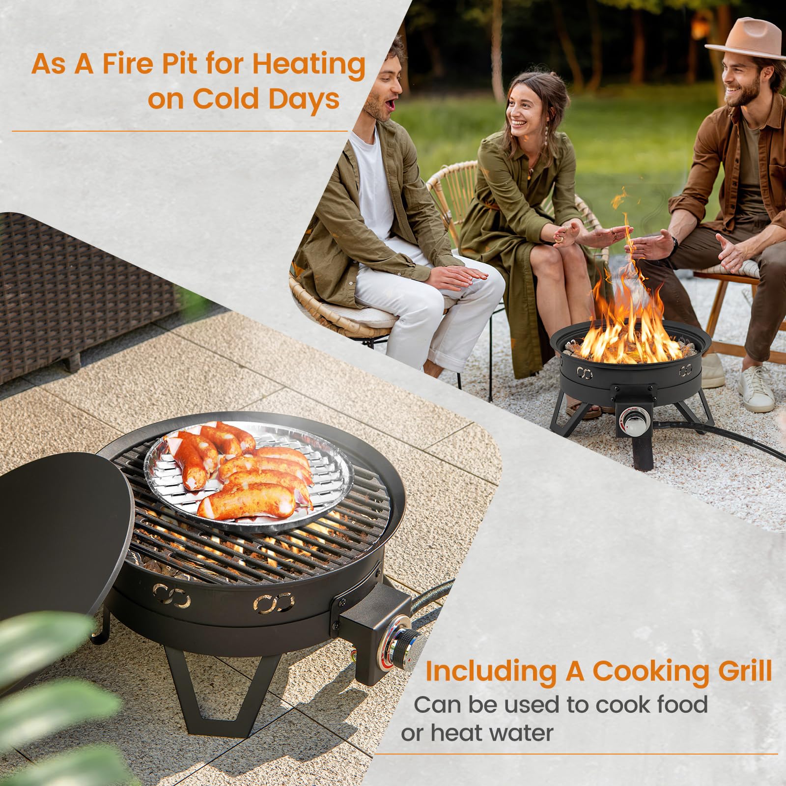 Giantex Portable Propane Fire Pit, 17" Small Outdoor Fire Bowl with Foldable Legs, Round Fireplace with Lid