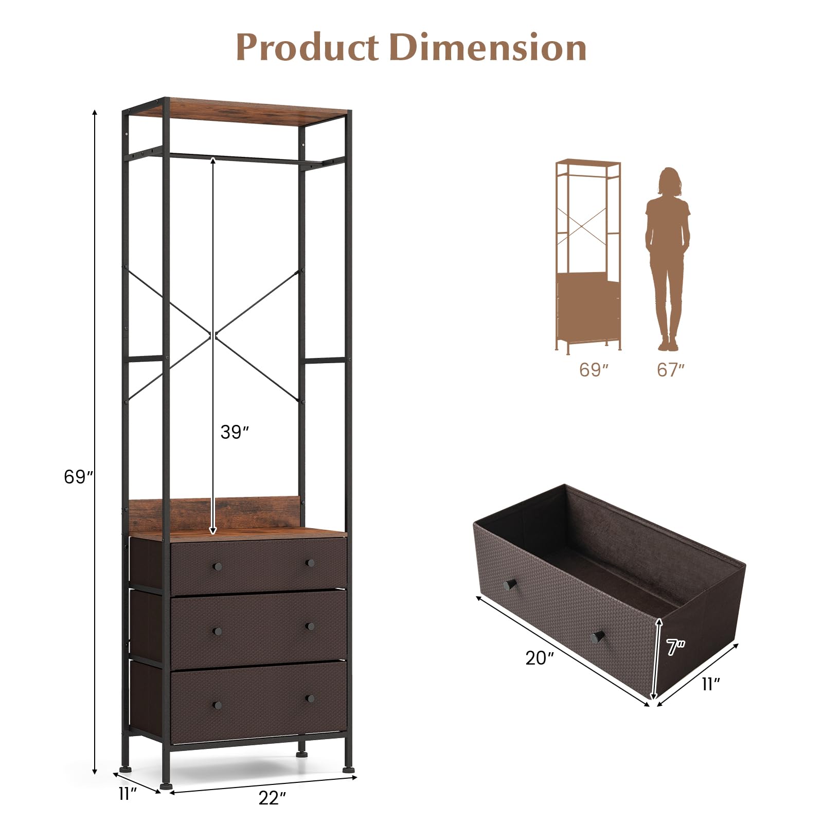 Giantex Clothes Rack with Drawers - Clothing Rack w/ 3-position Hanging Rod, Storage Shelves