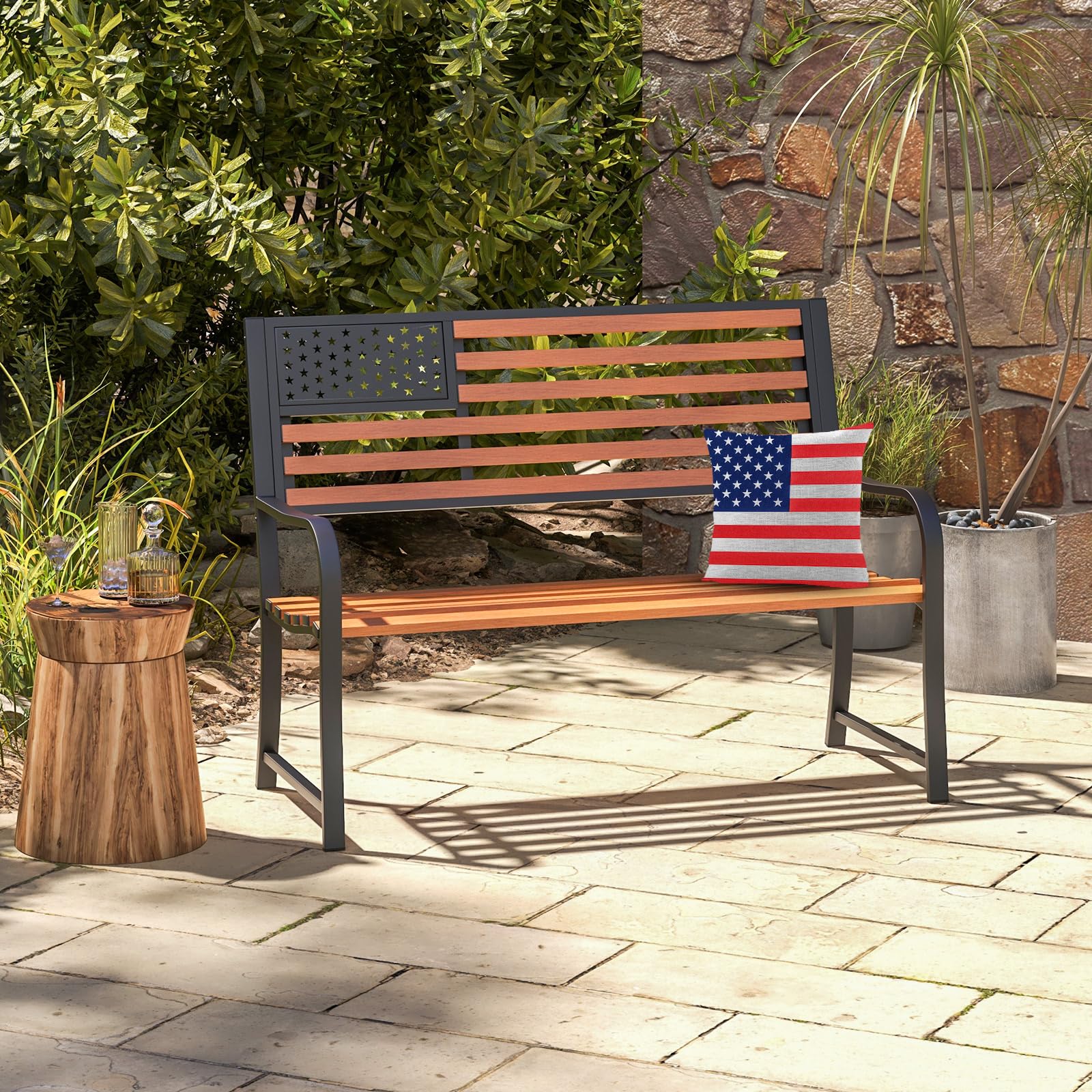 Giantex Outdoor Bench, 2-Person Metal Garden Bench with American Flag Backrest