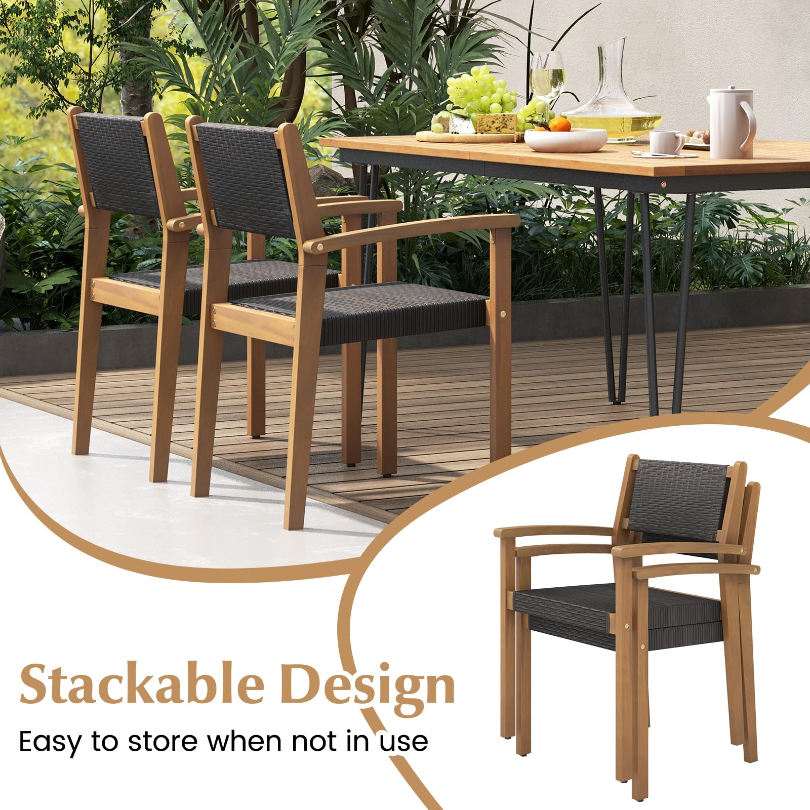 Giantex Stackable Outdoor Wicker Dining Chair Set, Rattan Armchairs w/Acacia Wood Frame