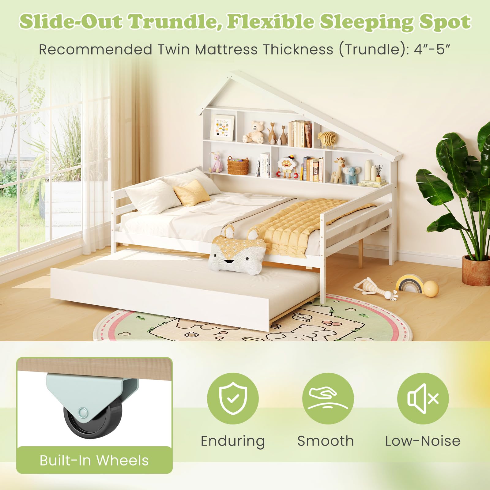 Giantex Full House Bed with Twin Trundle, Wood Daybed with 5 Cube Storage Bookcase & Headboard