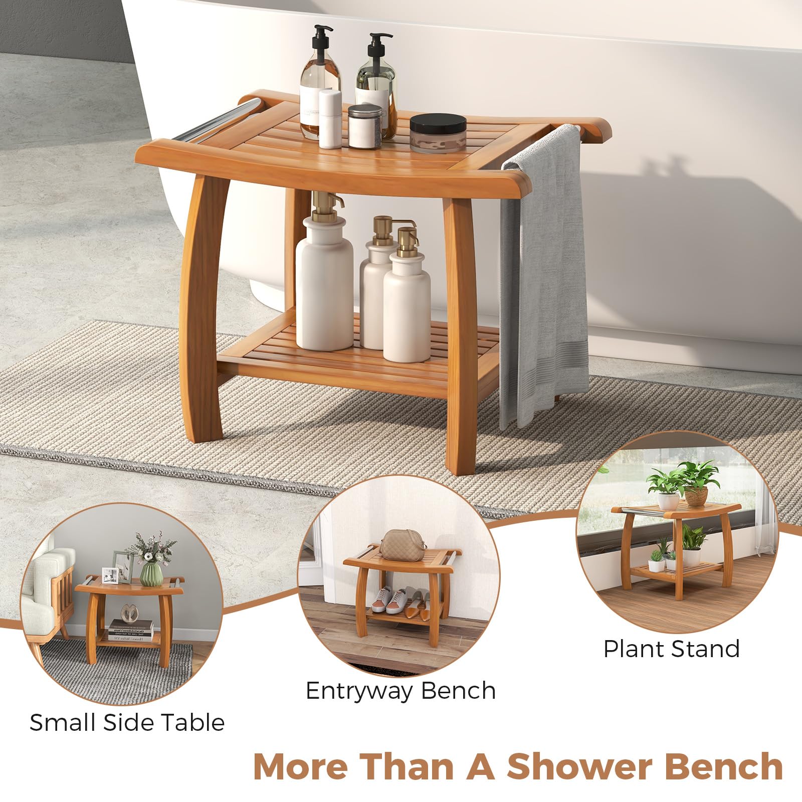 Gaintex Teak Shower Bench with Handles and Storage Shelf, Teak Shower Stool for Shaving Legs, Non-Slip Foot Pads