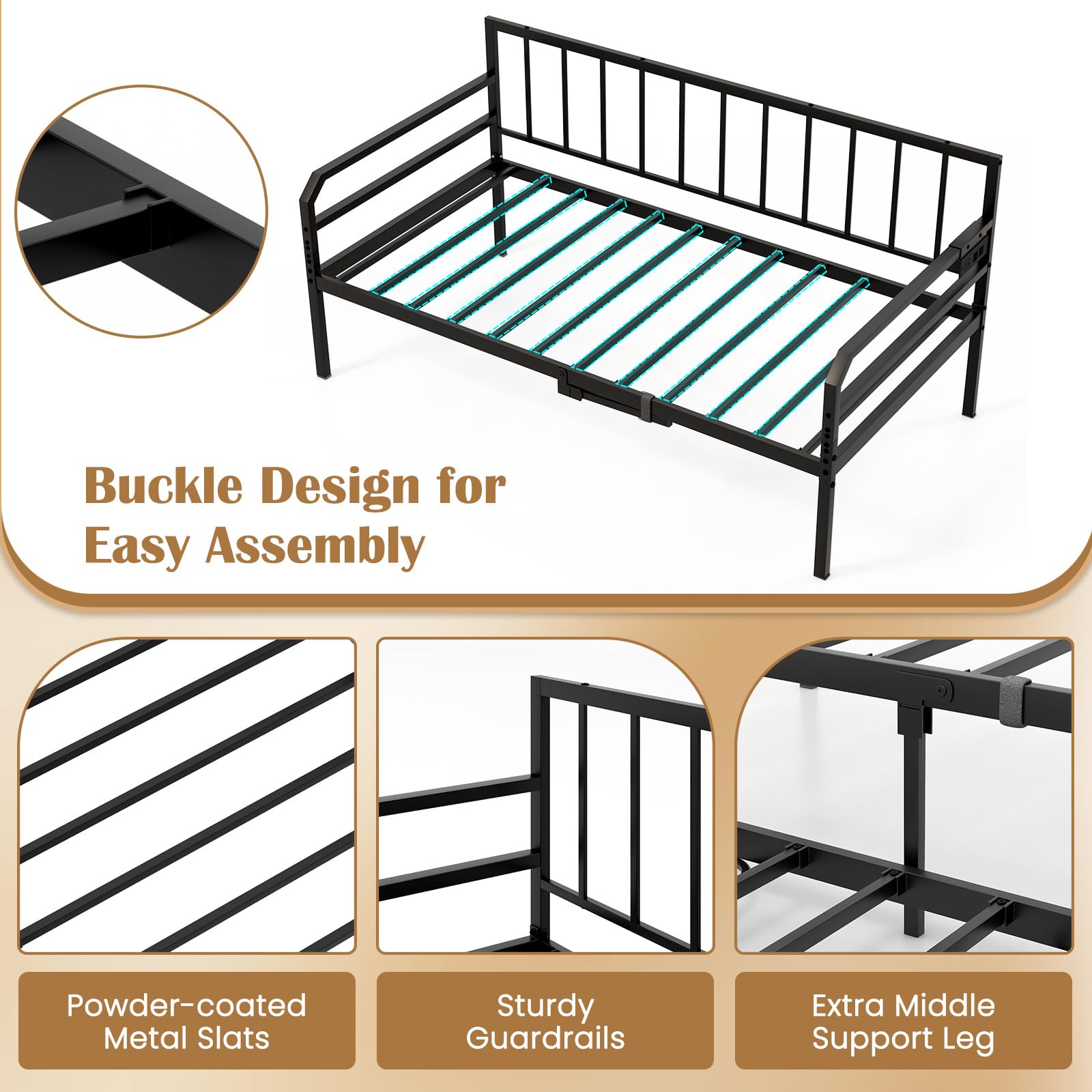 Giantex Twin Daybed with Trundle, Twin Bed Frame with Charging Station & LED Lights, Metal Trundle Bed Twin w/Steel Slats Support