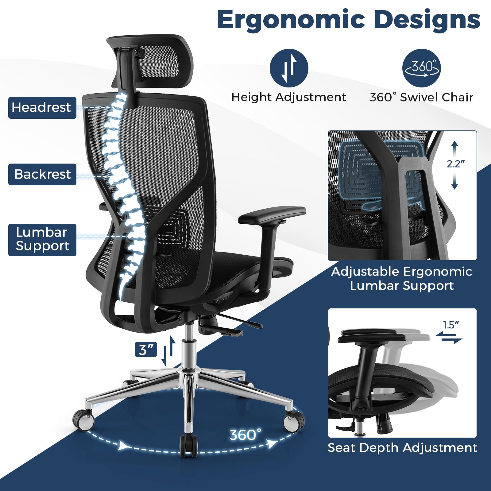 Giantex High-Back Mesh Executive Chair, with Adjustable Headrest, 3D Armrest, Lumbar Support, Reclining Backrest