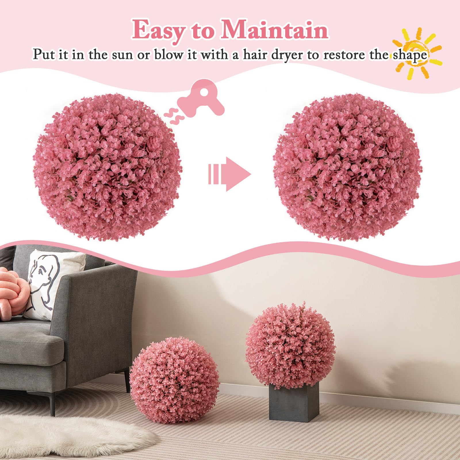 Giantex 2 PCS Artificial Plant Topiary Ball, 17.5'' Pink Faux Eucalyptus Decorative Balls for Wedding Home Decor