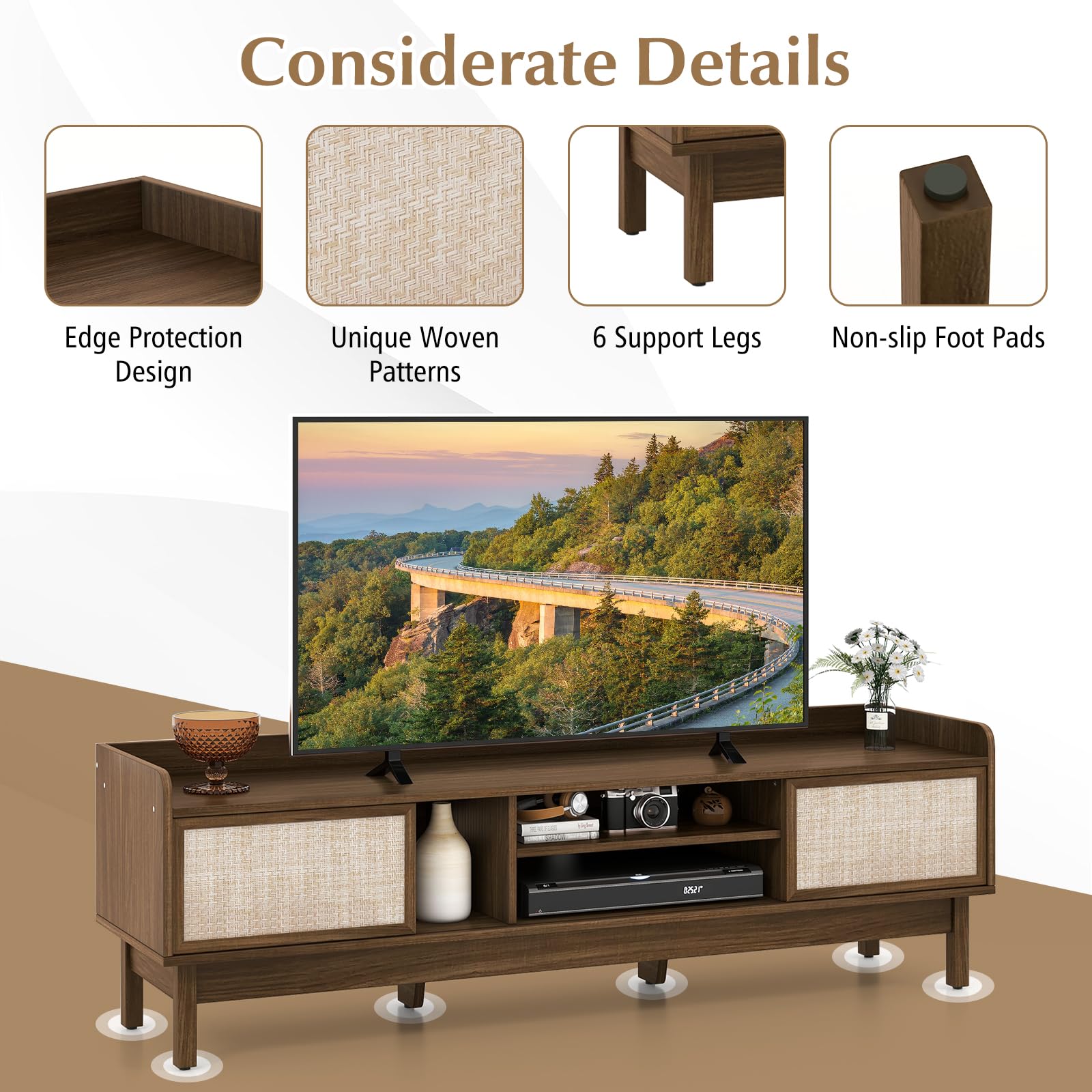 Giantex TV Stand for 65” TV, Entertainment Center with Woven Doors, Sliding Door, Adjustable Shelf & Compartment