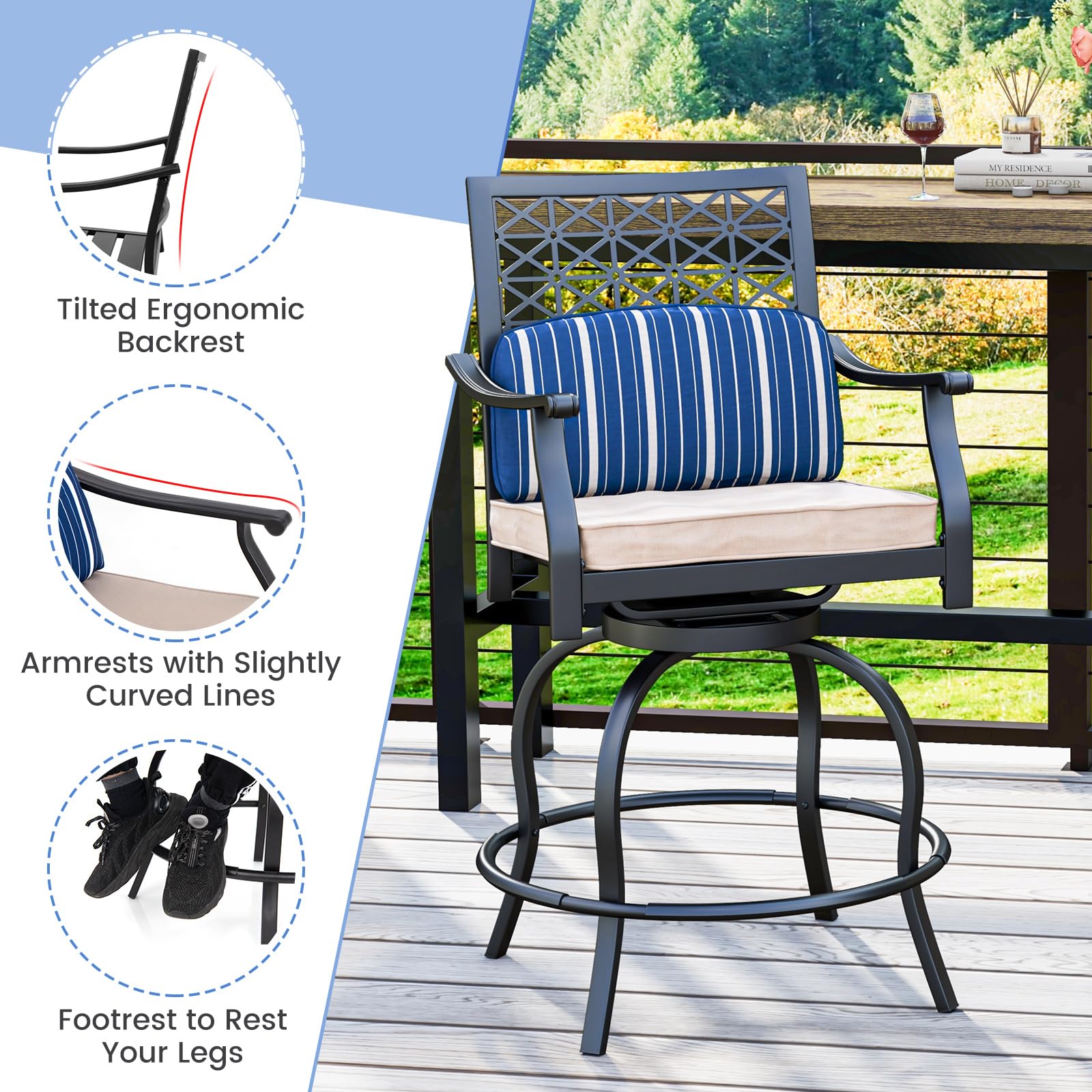 Giantex Outdoor Bar Stools, Metal Patio Bar Chairs with Cushion & Lumbar Pillow