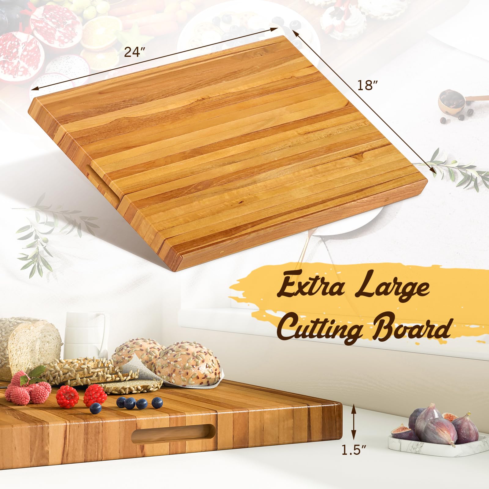 Giantex Teak Wood Cutting Board, Extra Large 24" Reversible Cutting Board with Side Handle