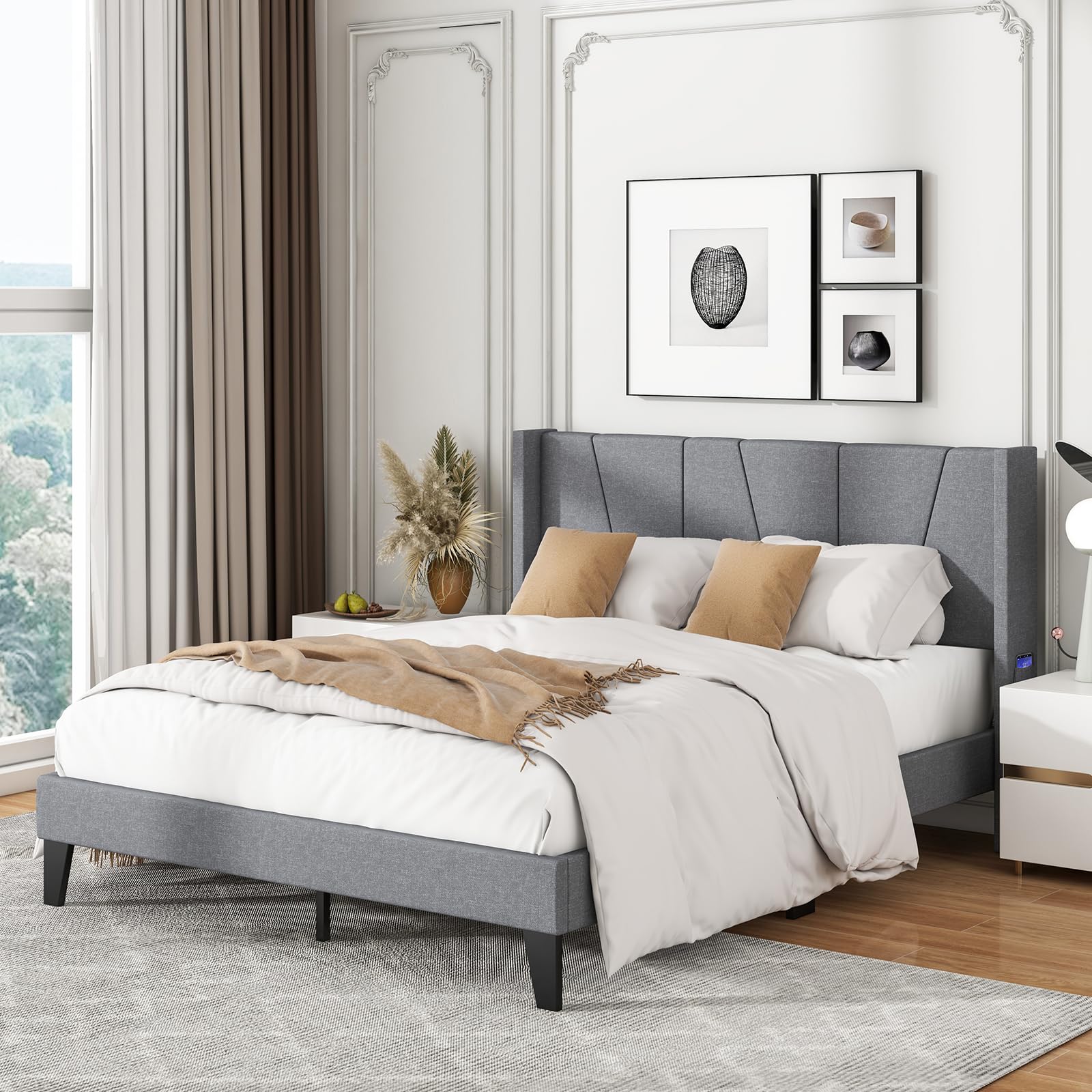 Giantex Bed Frame with Wingback Headboard